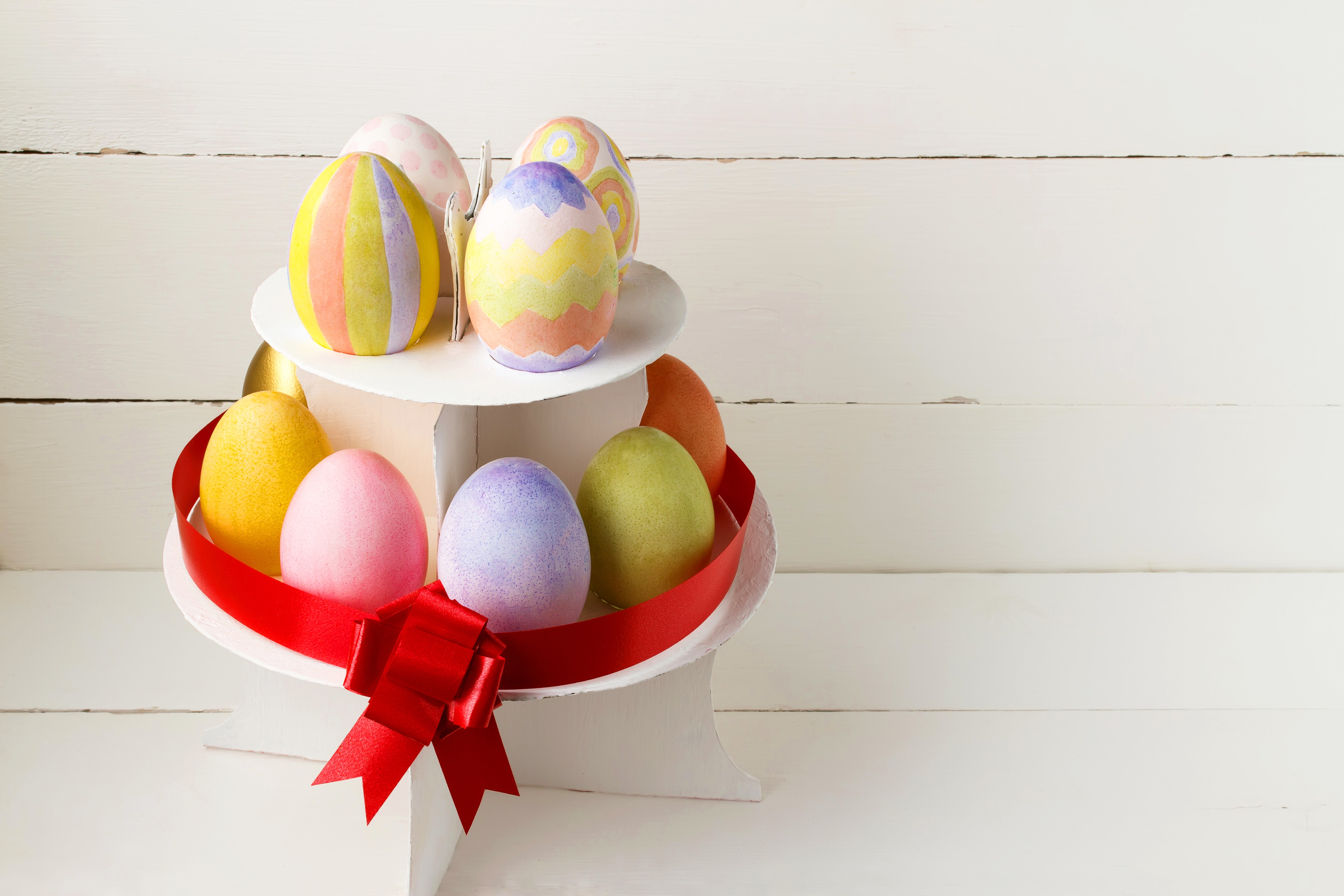Easter Eggs on a Tiered Stand with Red Bow HD Wallpaper