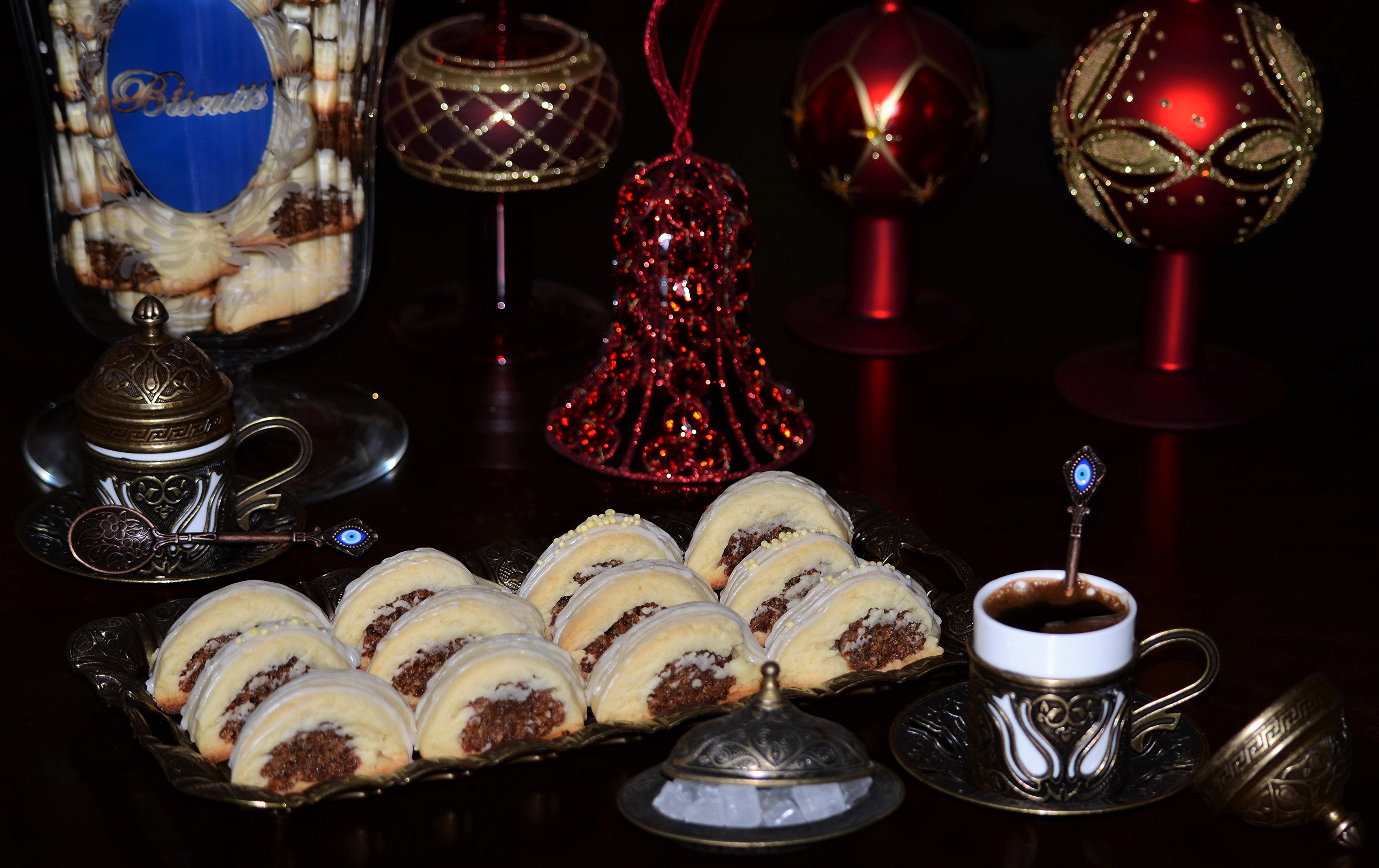 Christmas cookies and coffee with holiday decorations HD Wallpaper