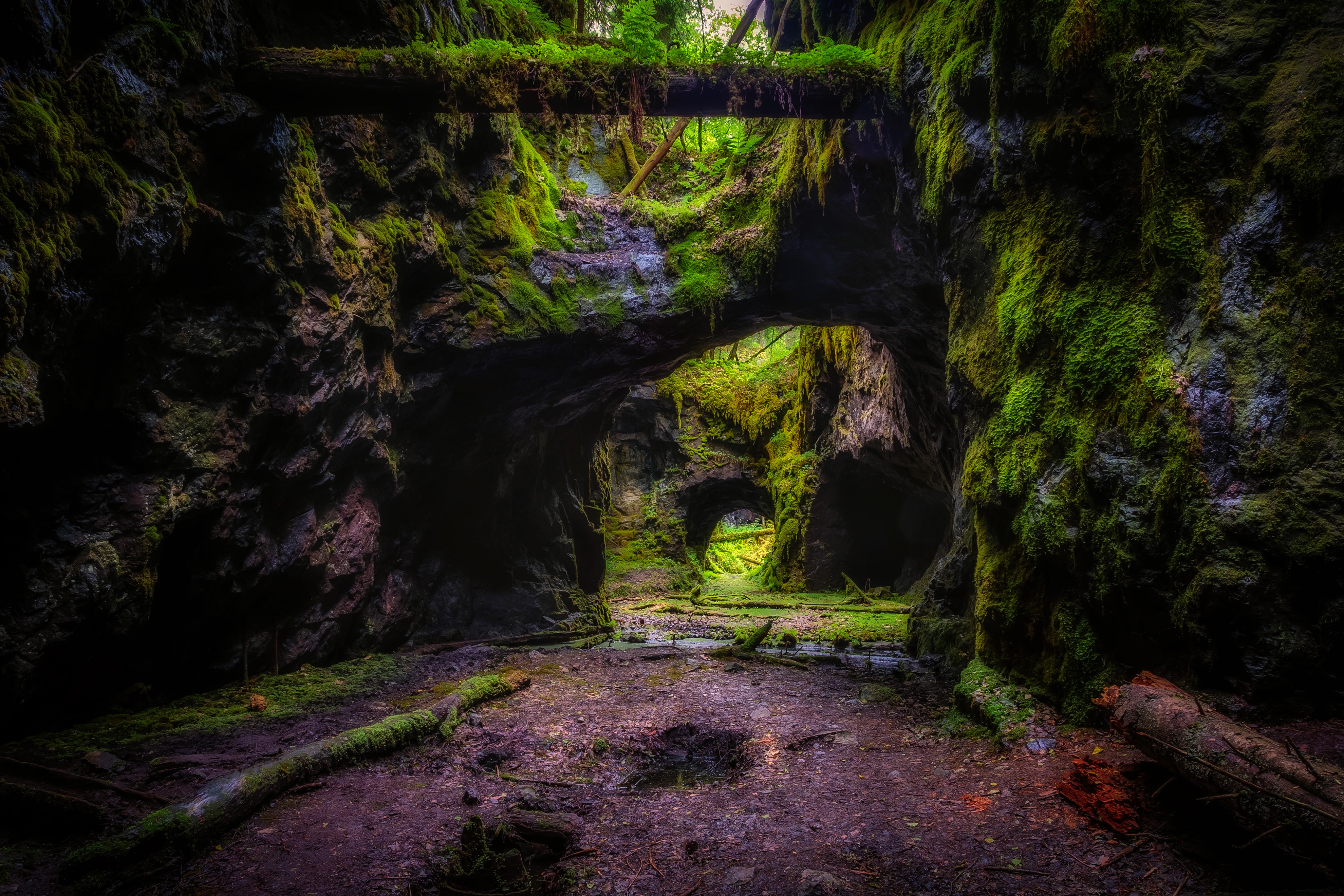 Moss-covered cave entrance in Persberg, Sweden HD Wallpaper