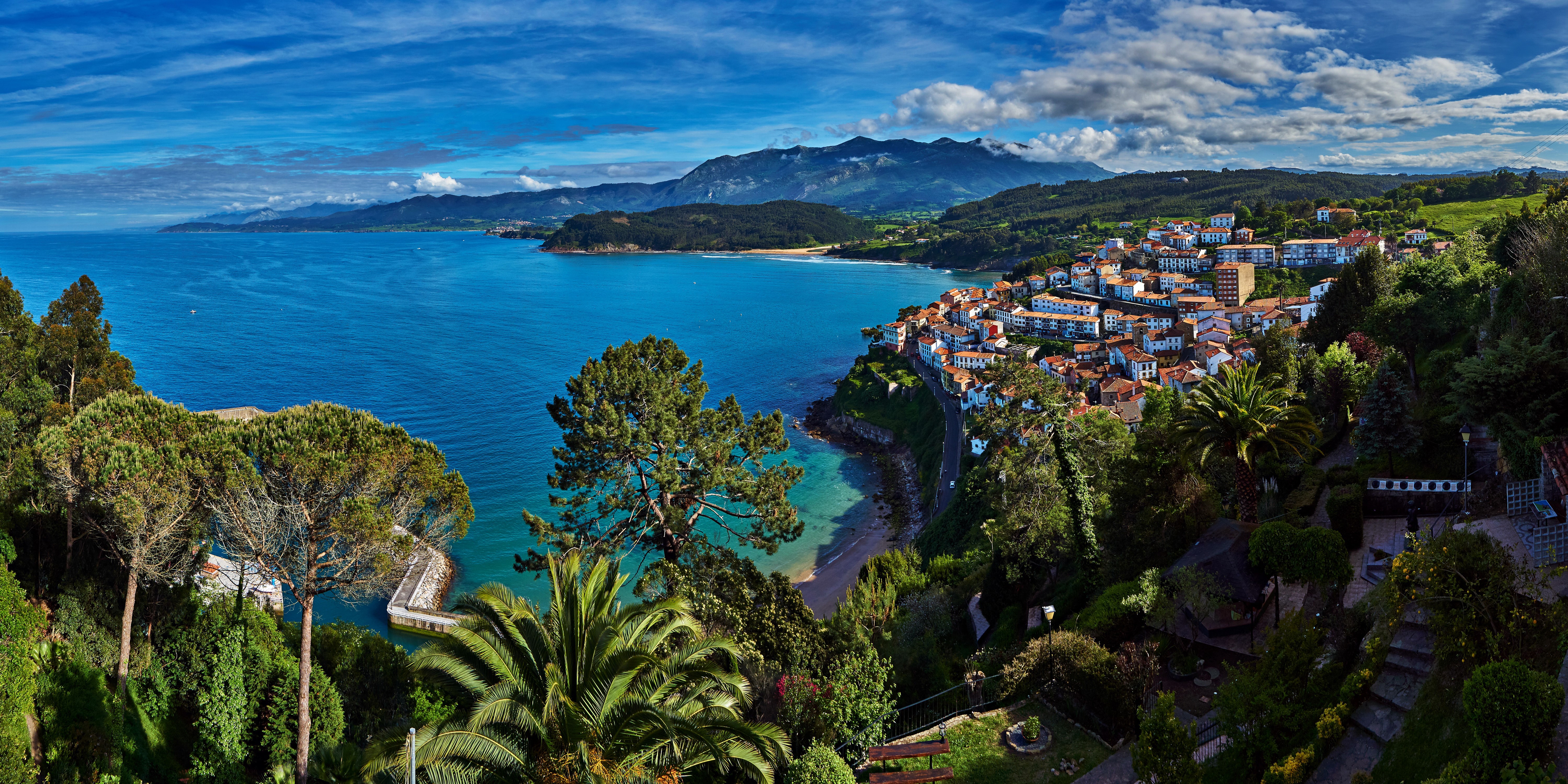 Lastres Asturias, Spain Coastline with Houses and Mountains HD Wallpaper