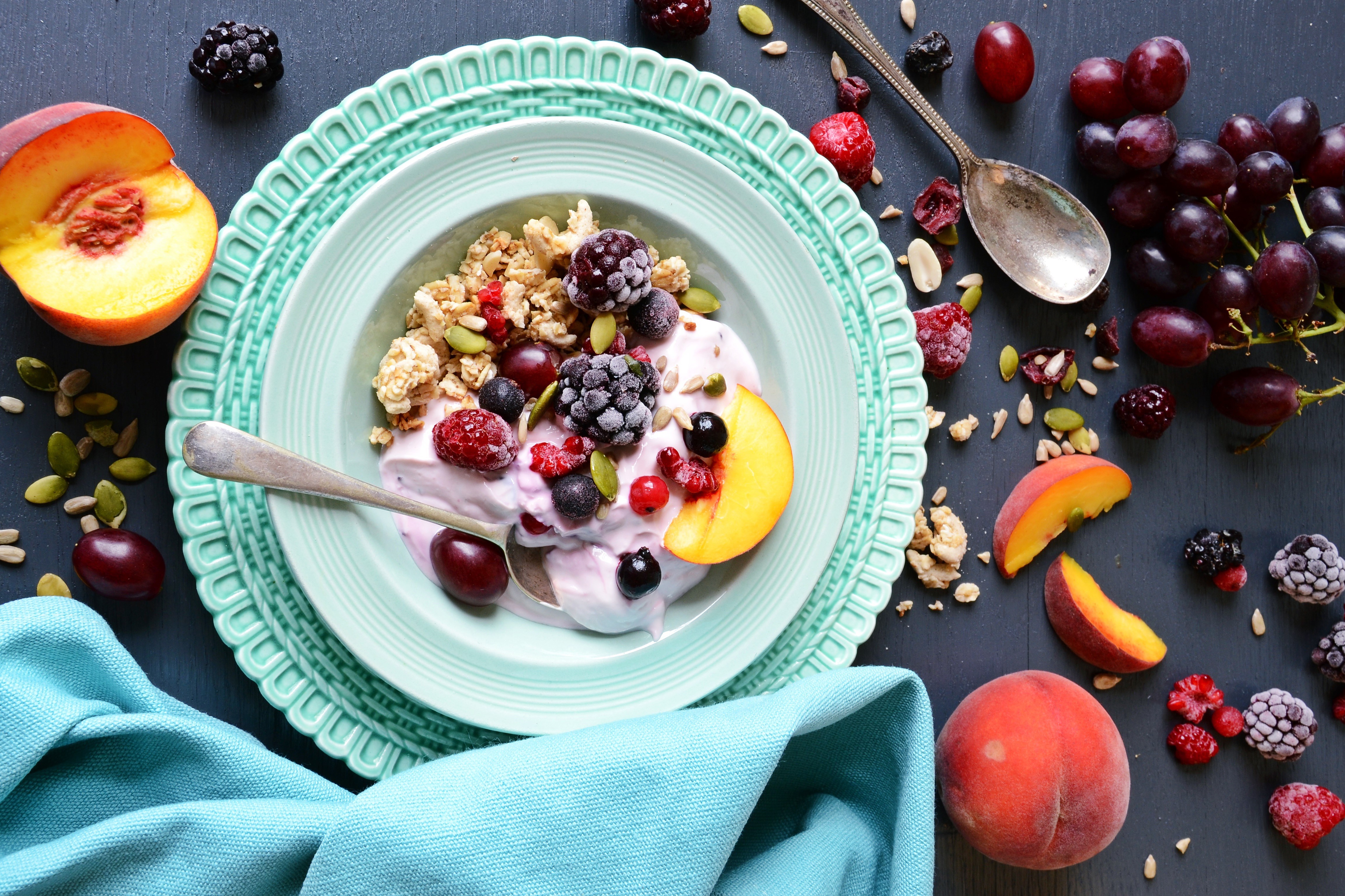Muesli with Berries and Peaches on a Plate HD Wallpaper