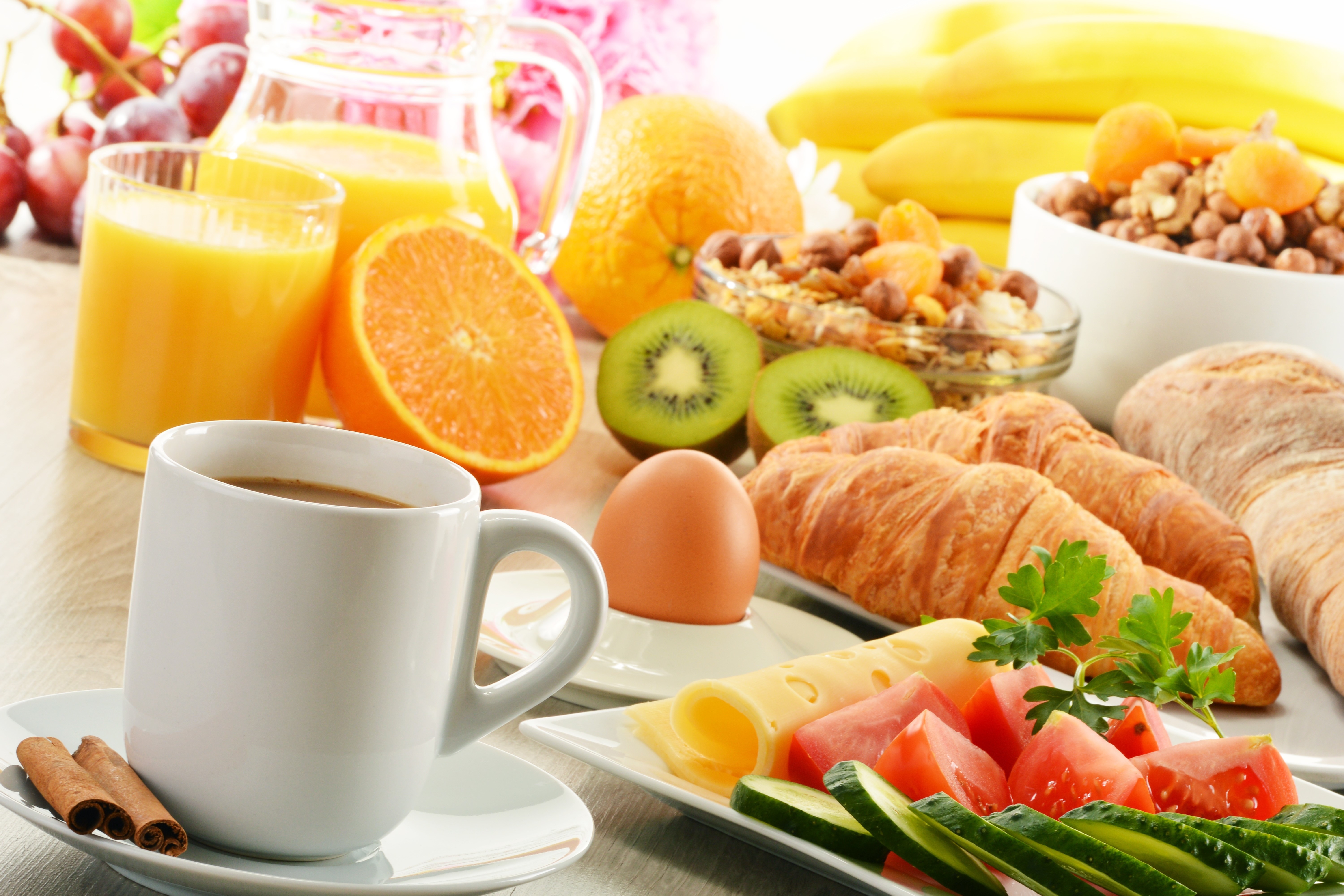 Breakfast with coffee, juice, croissants, and fruit HD Wallpaper