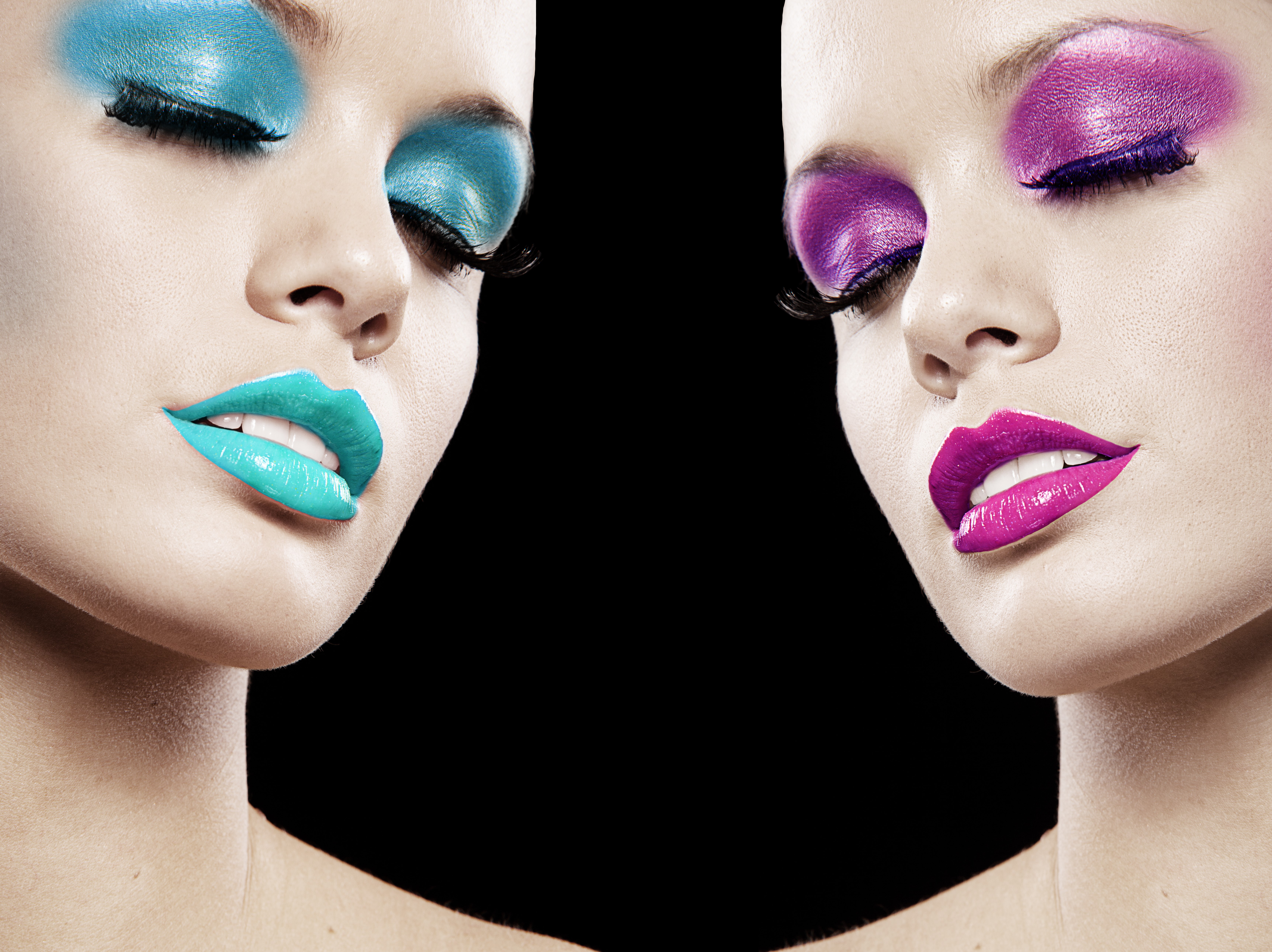 Two faces with vibrant blue and purple makeup HD Wallpaper