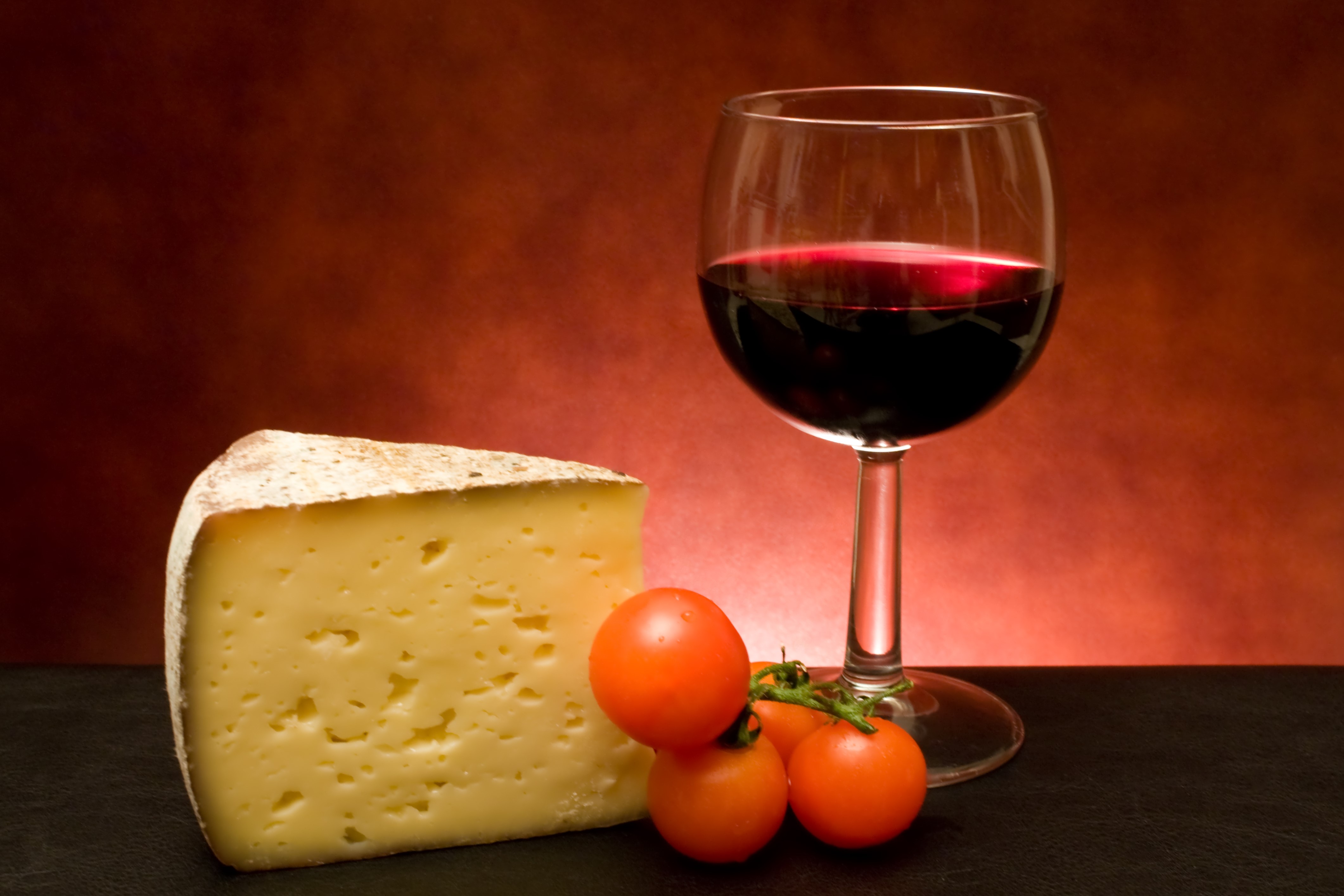Wine, Cheese, and Tomatoes with Stemware HD Wallpaper