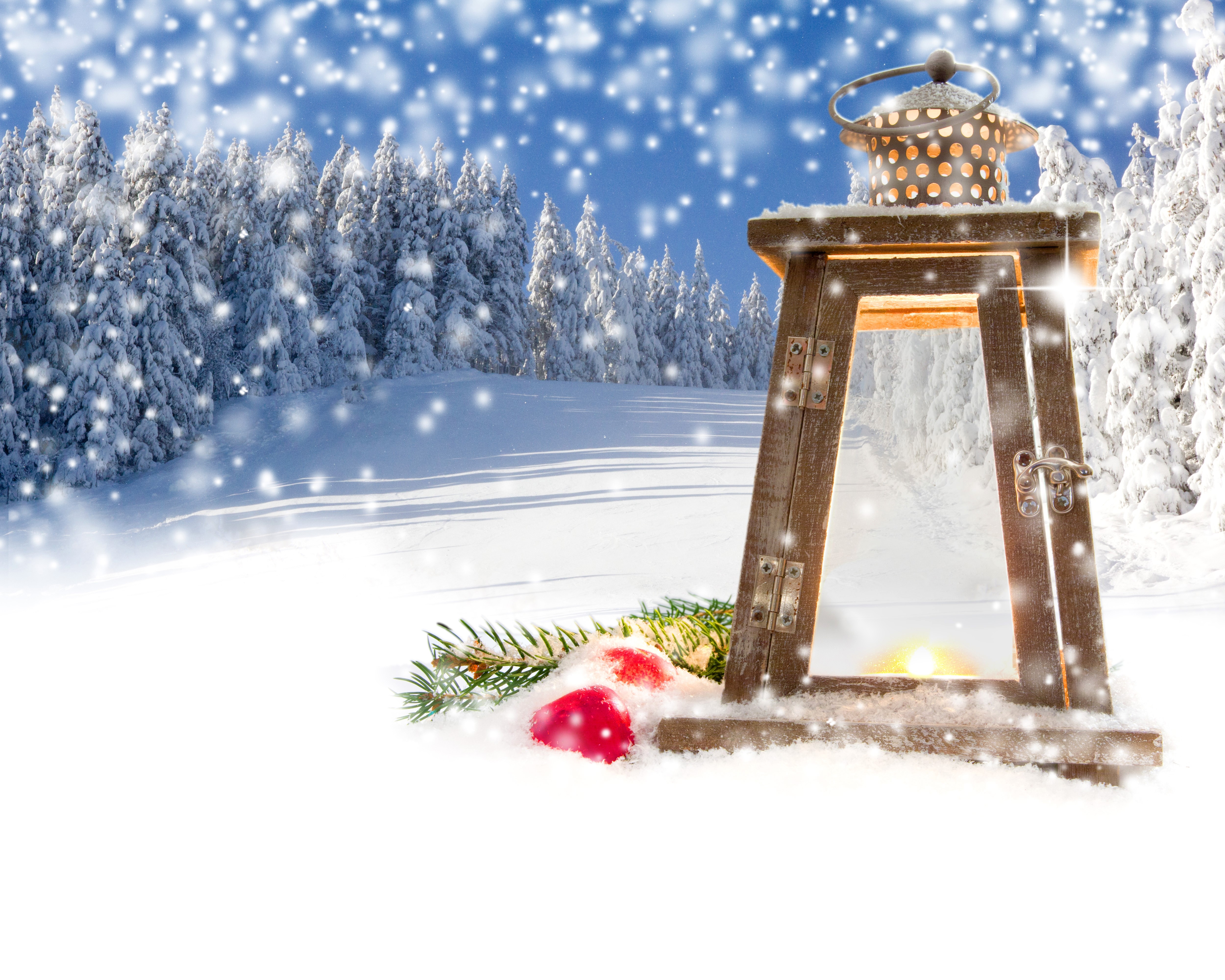 Winter scene with lantern and snow HD Wallpaper