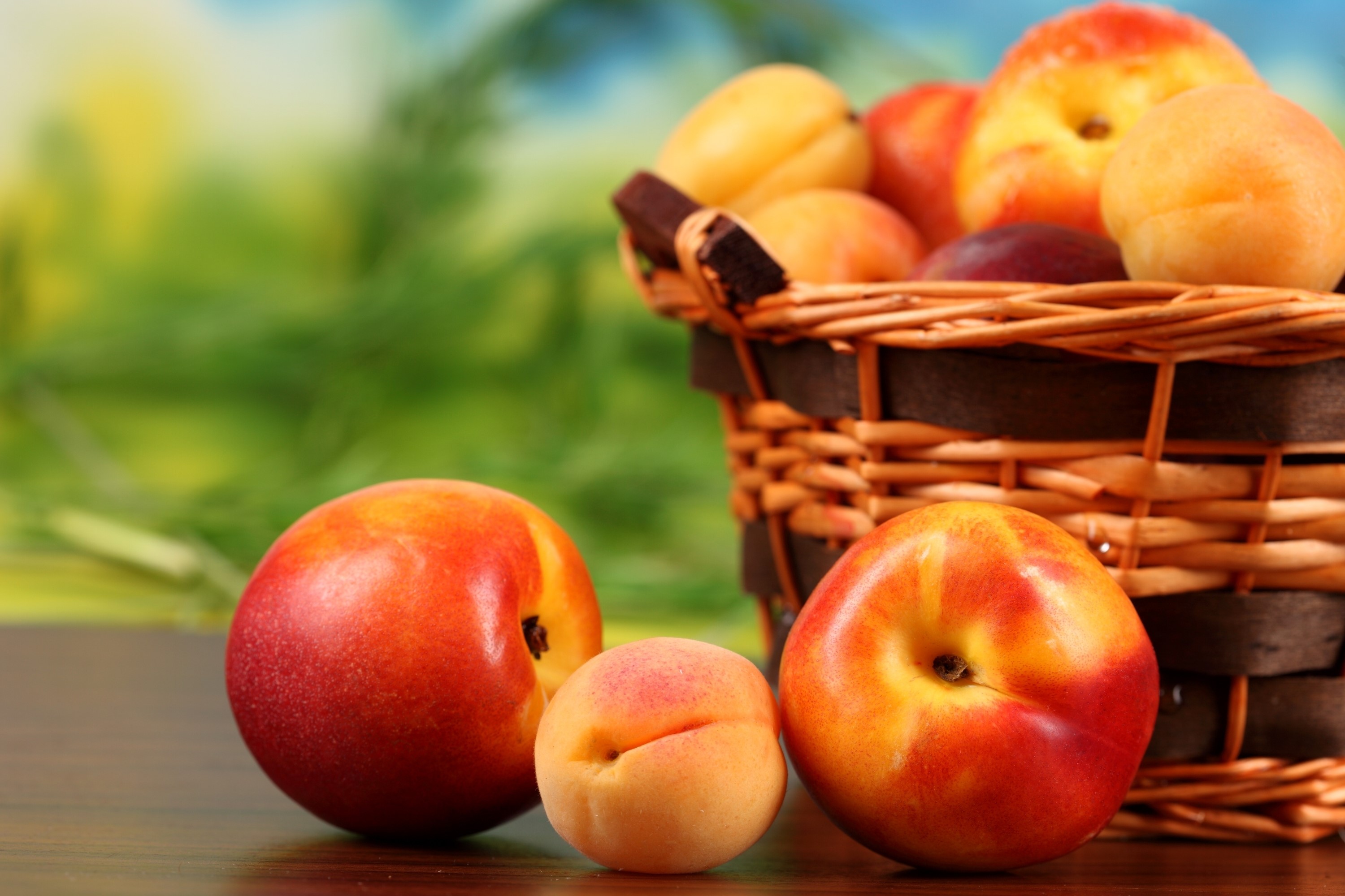 Peaches and apricots in a wicker basket HD Wallpaper