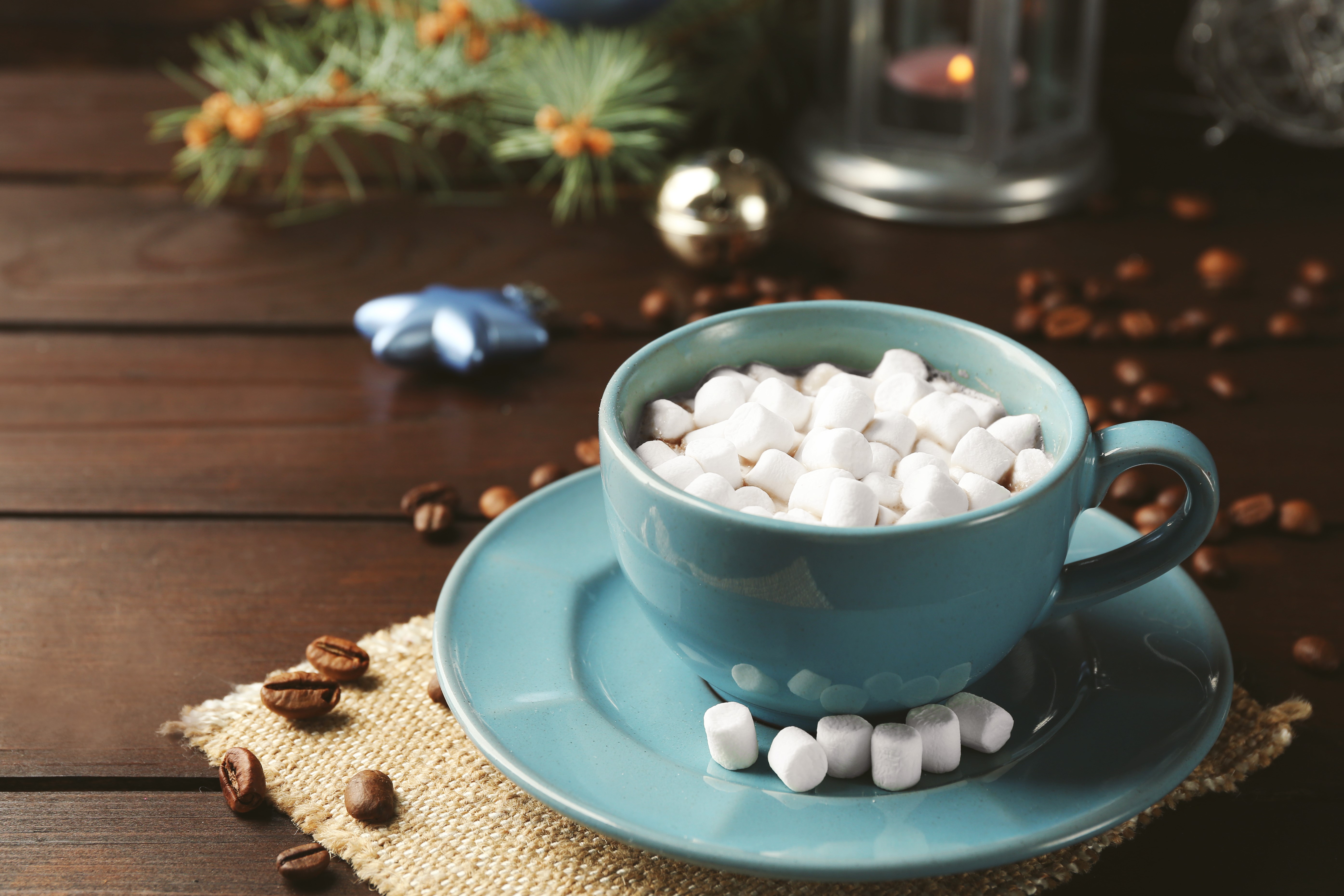 Blue mug of hot chocolate with marshmallows and coffee beans HD Wallpaper