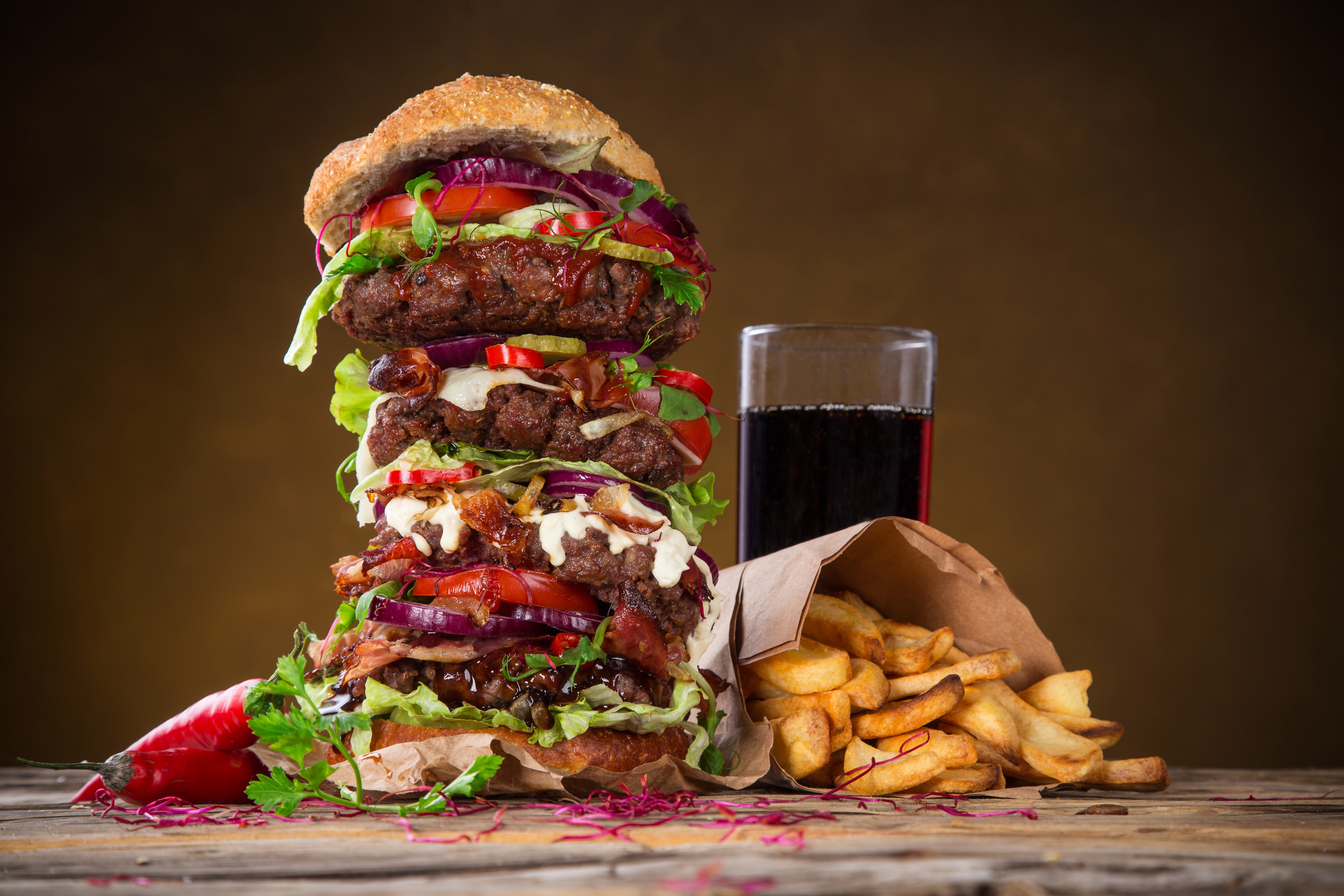 Giant hamburger with french fries and cola HD Wallpaper