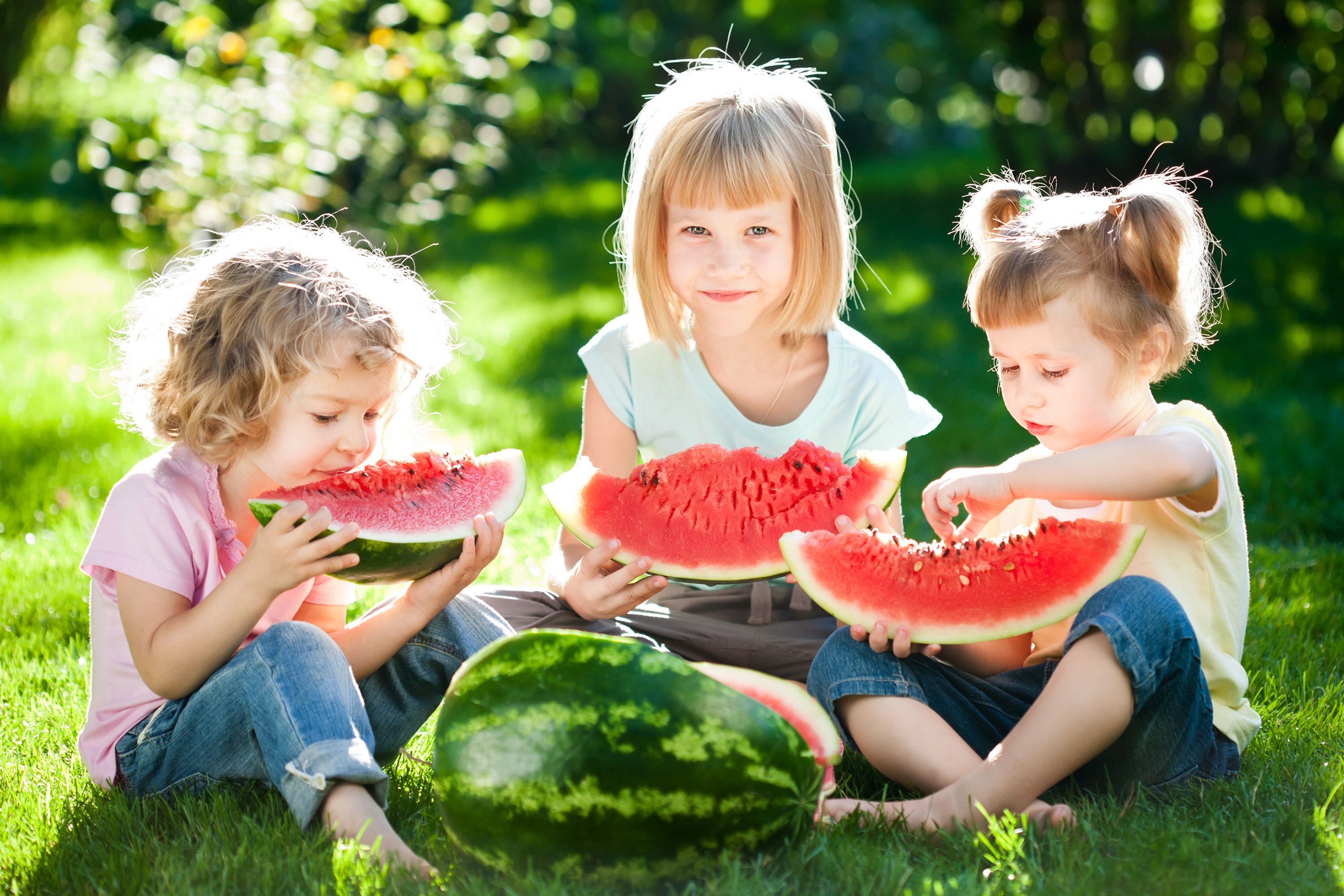 Three young girls eating watermelon on grass HD Wallpaper