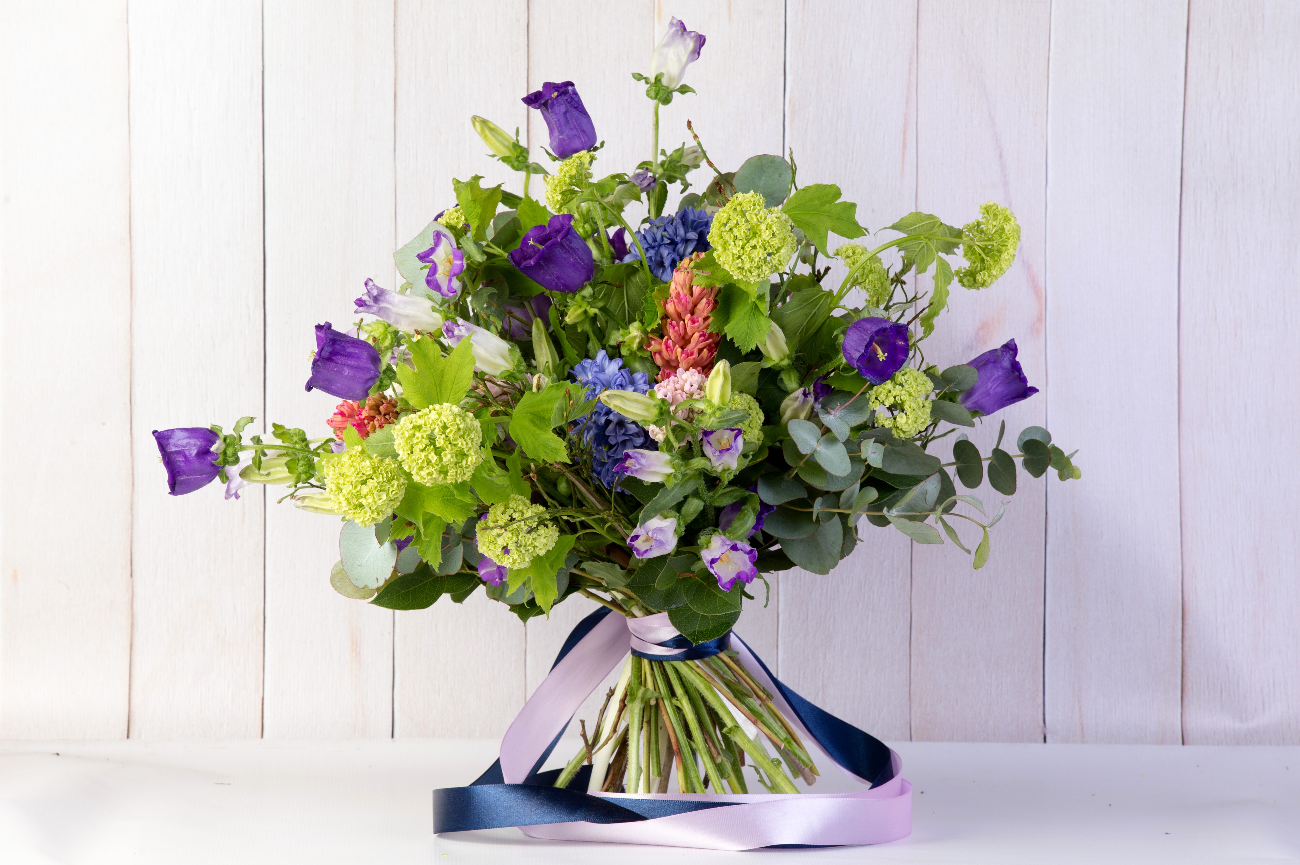 Bouquet of Campanula flowers with ribbons HD Wallpaper