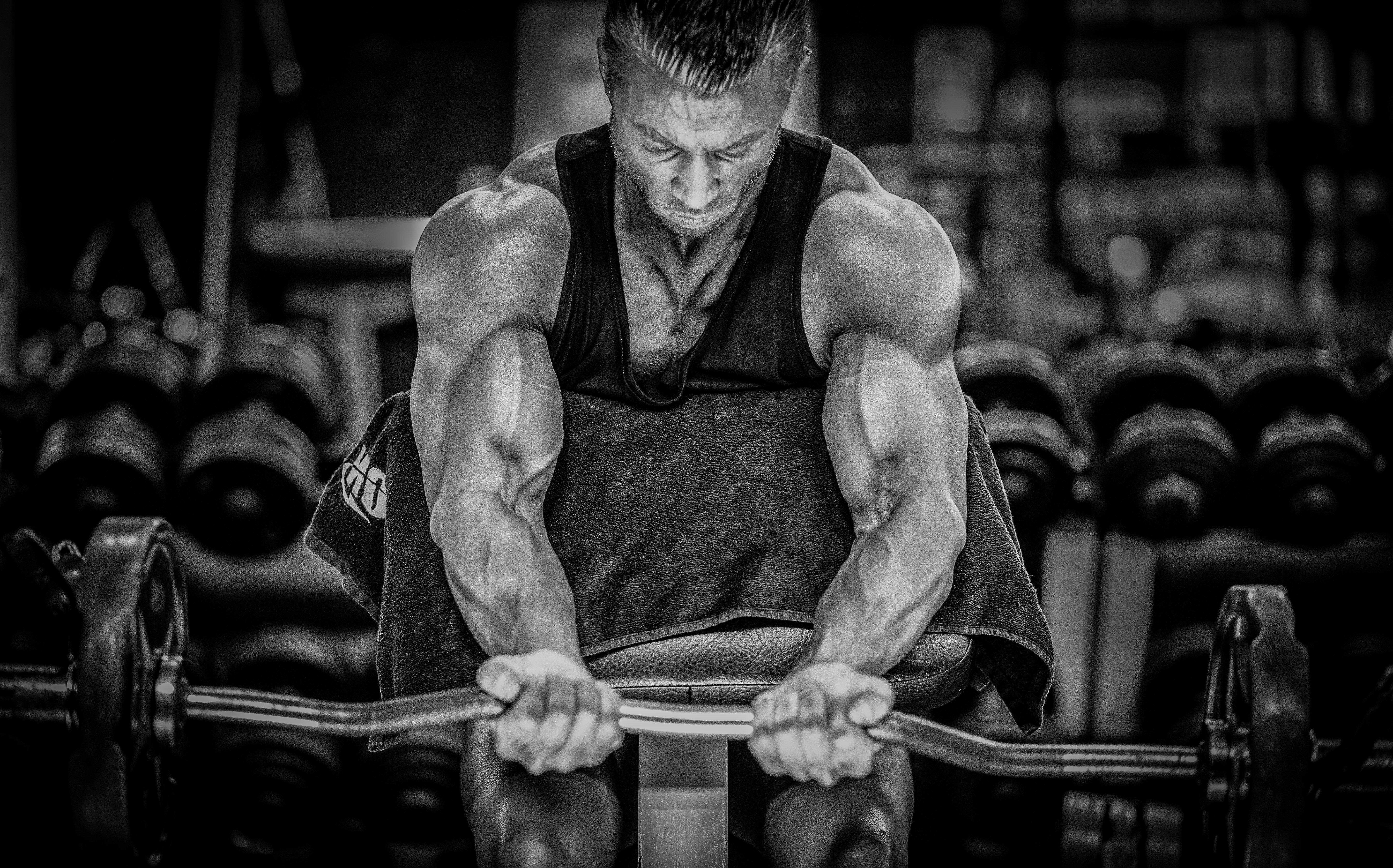 Bodybuilder performing barbell curls in a gym HD Wallpaper