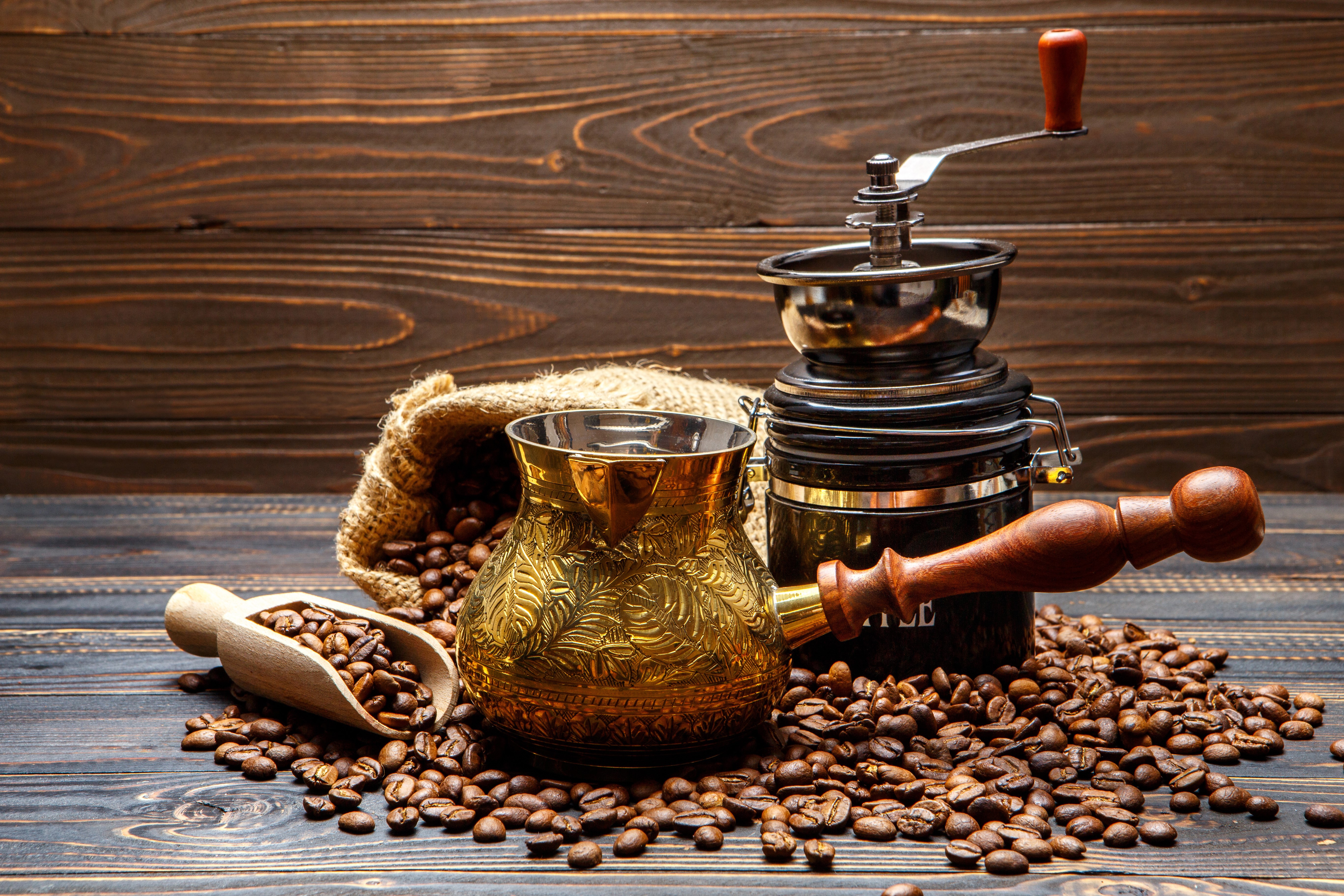 Coffee beans, cezve, and coffee grinder HD Wallpaper