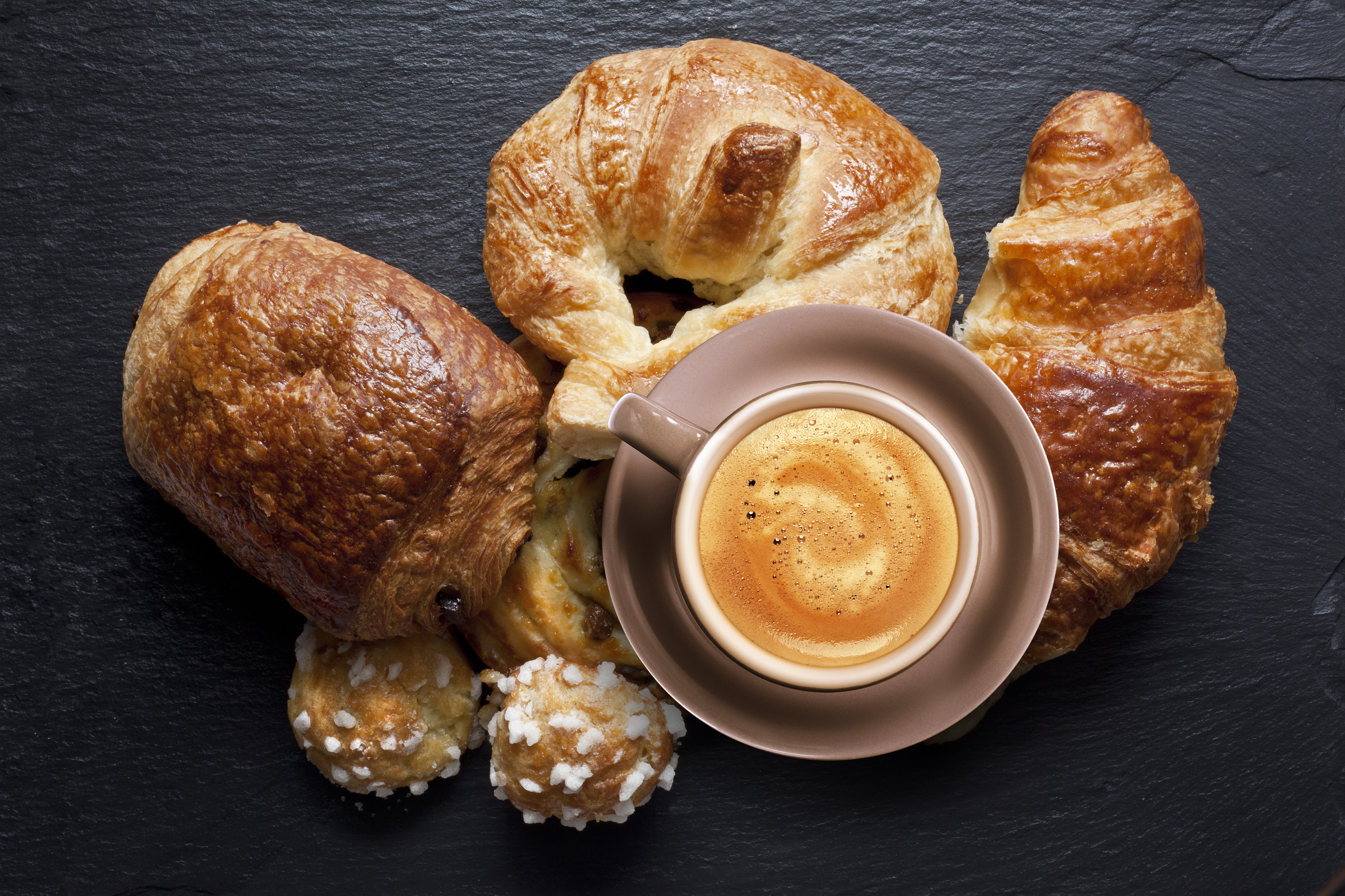 Croissants and Cappuccino on a dark surface HD Wallpaper