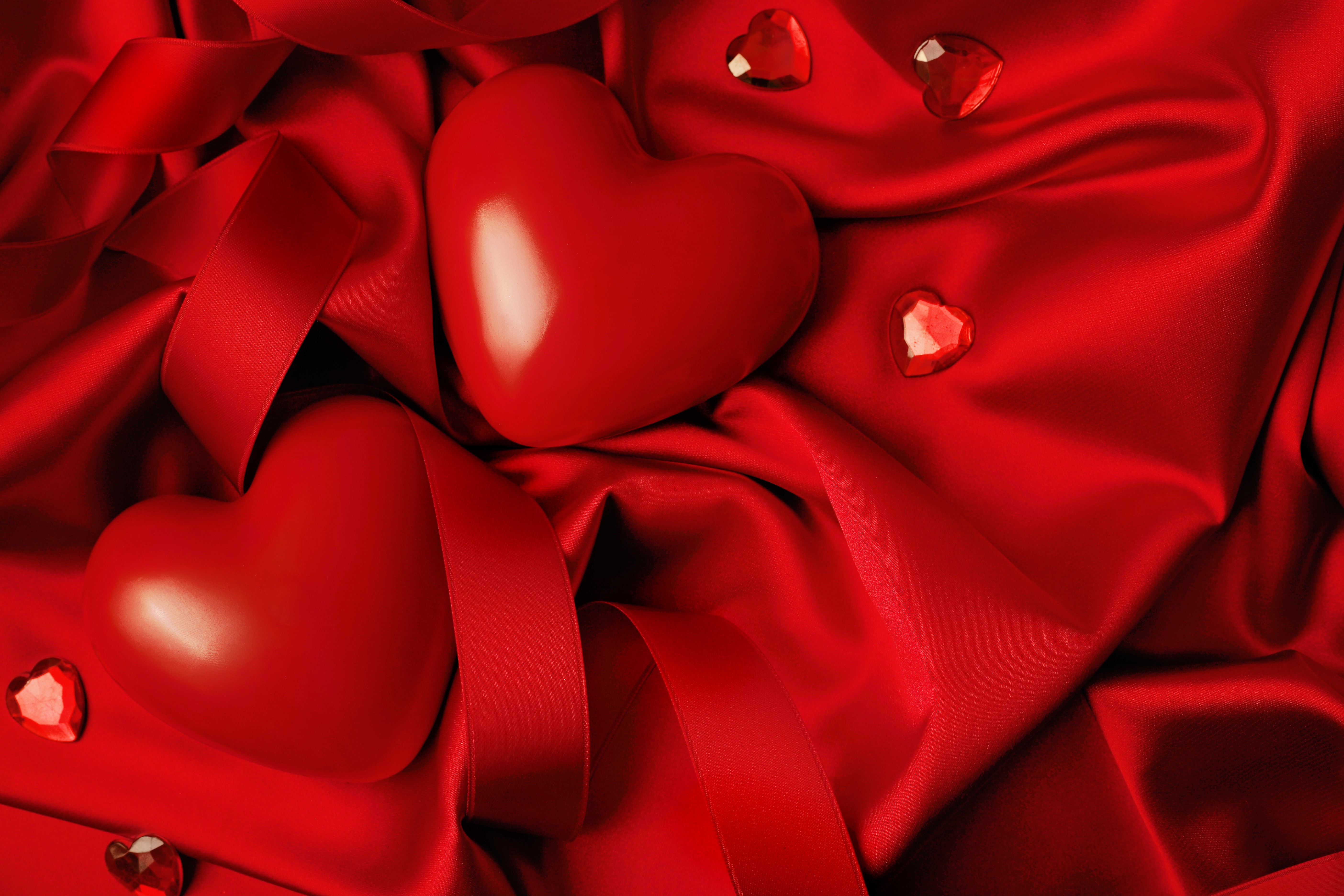 Red Hearts and Ribbons on Satin HD Wallpaper