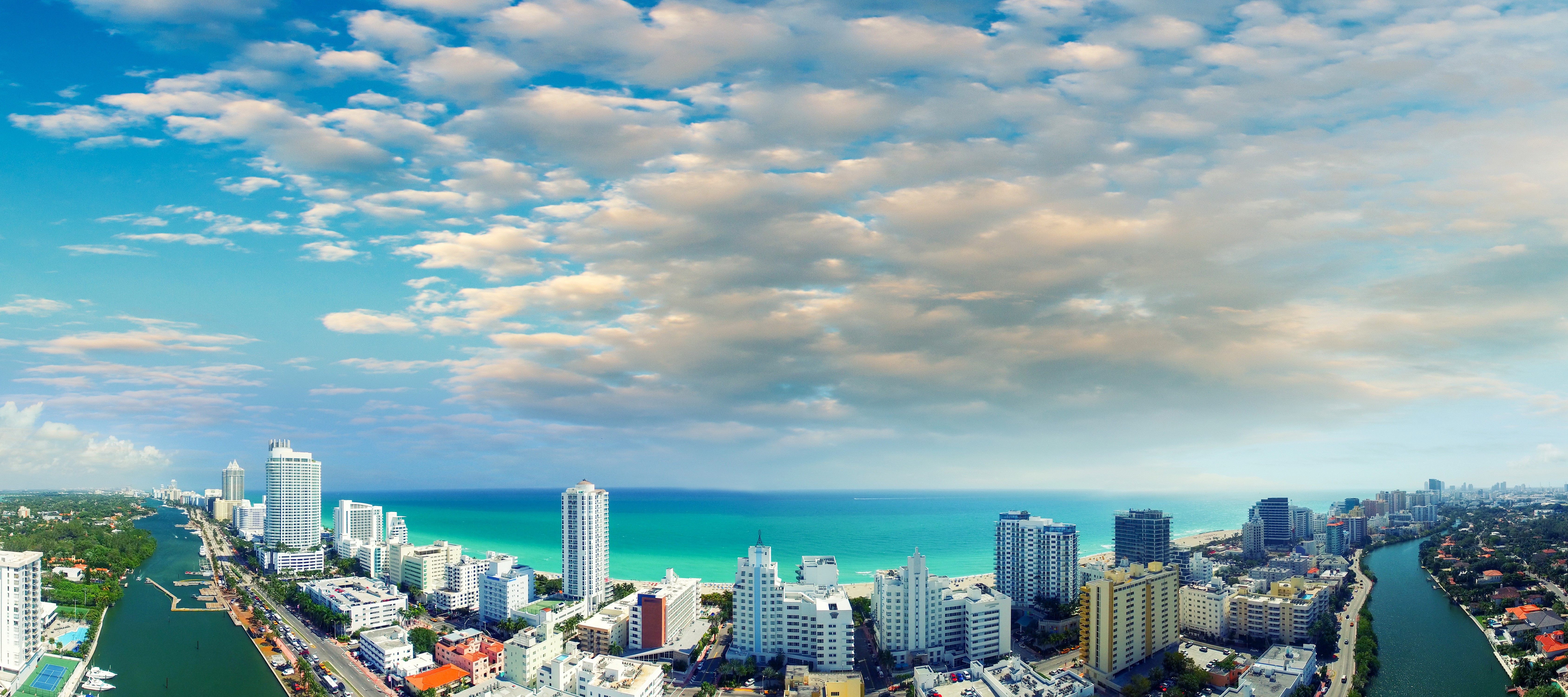 Miami Skyline with Ocean and Canal HD Wallpaper