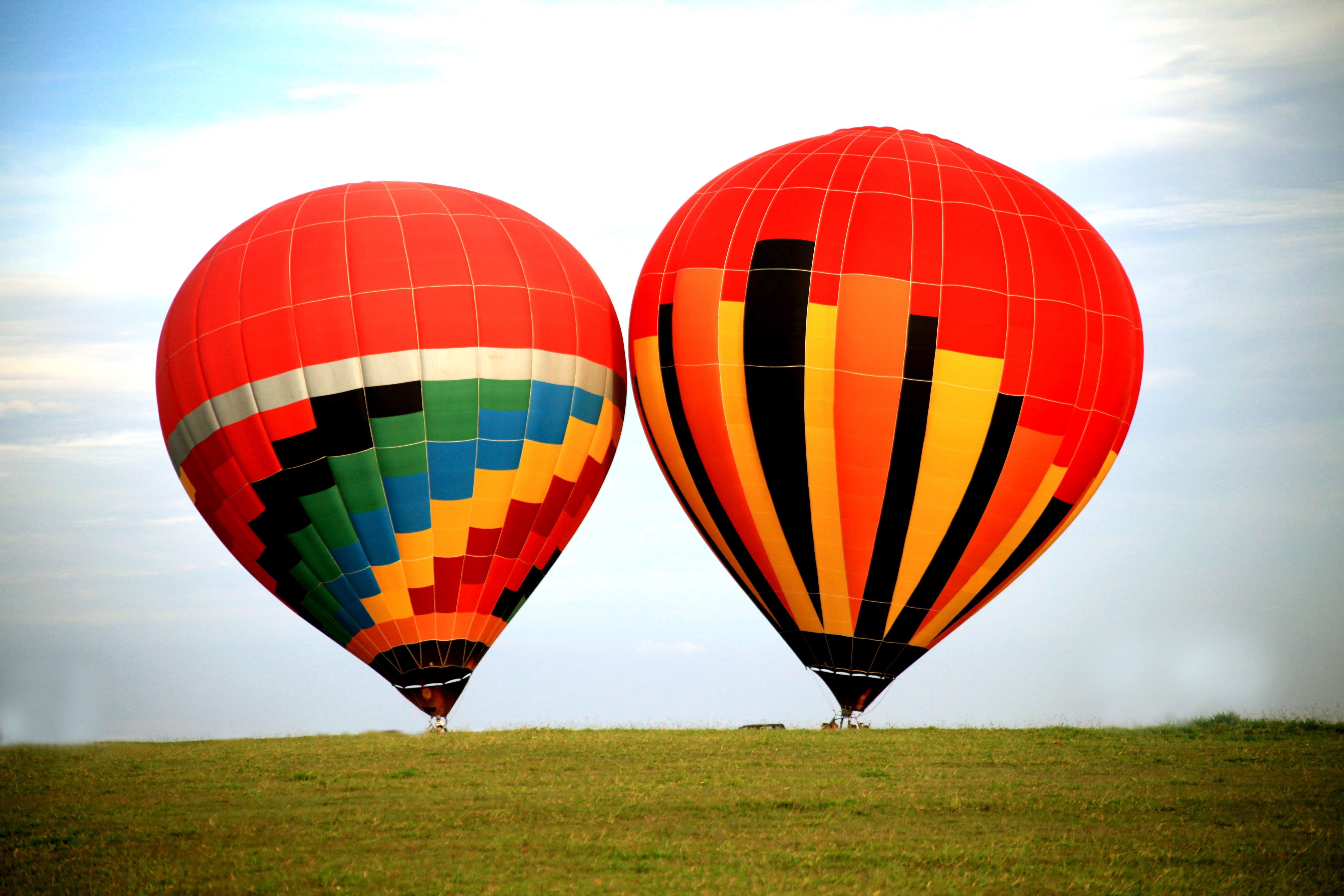 Two colorful hot air balloons on a grassy field HD Wallpaper