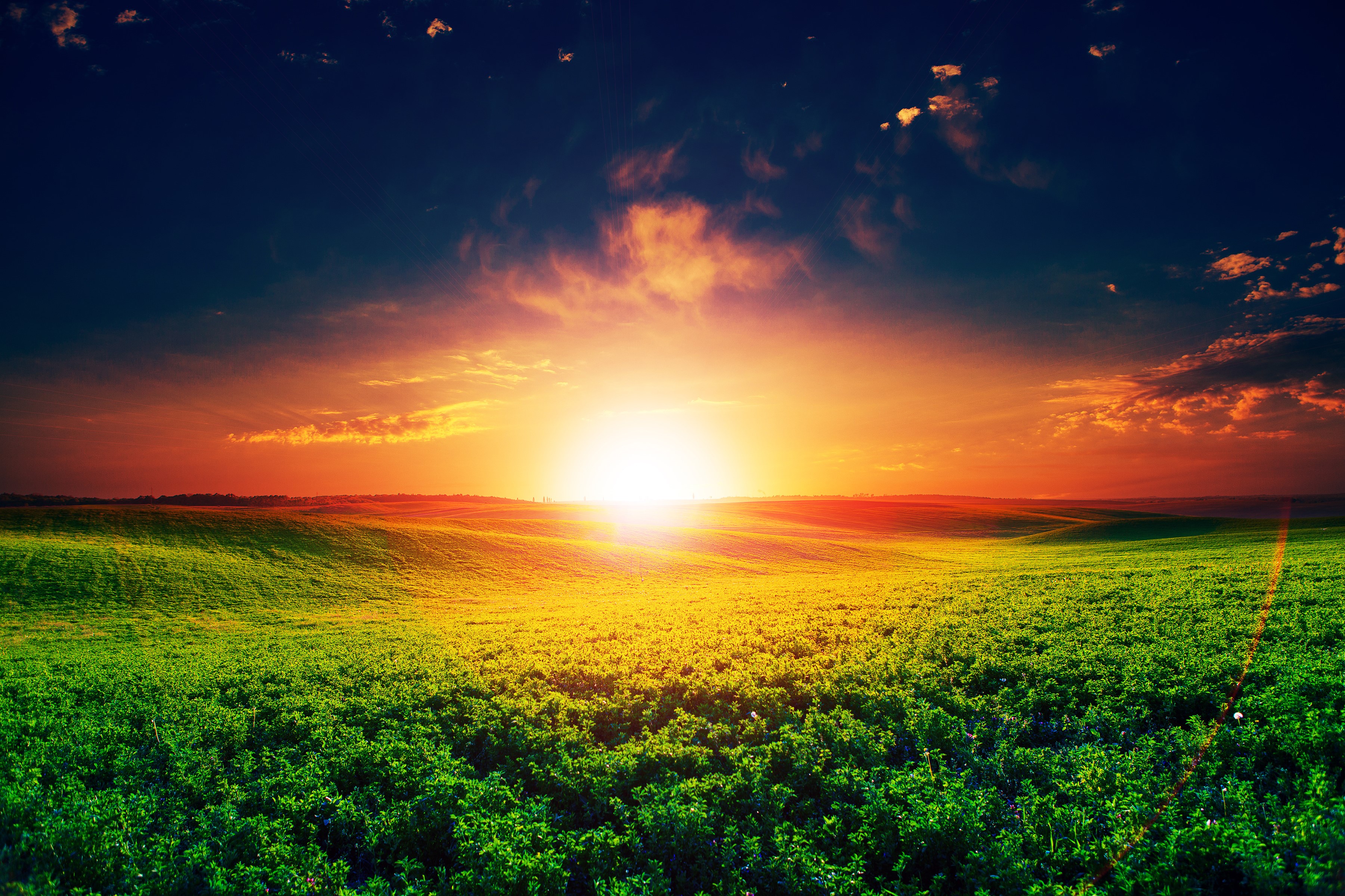 Sunset over a green field HD Wallpaper