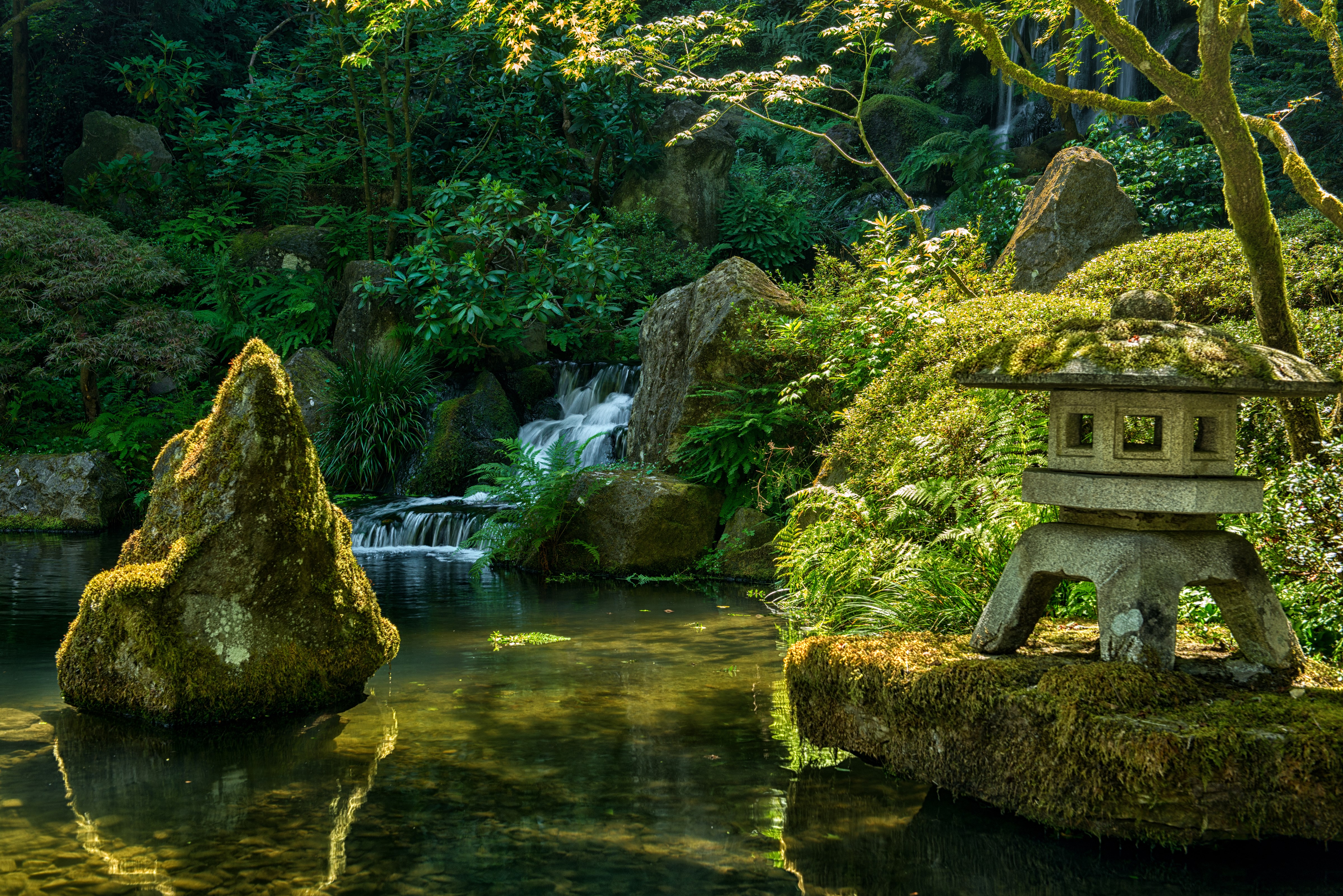Japanese Garden with Waterfall and Stone Lantern HD Wallpaper
