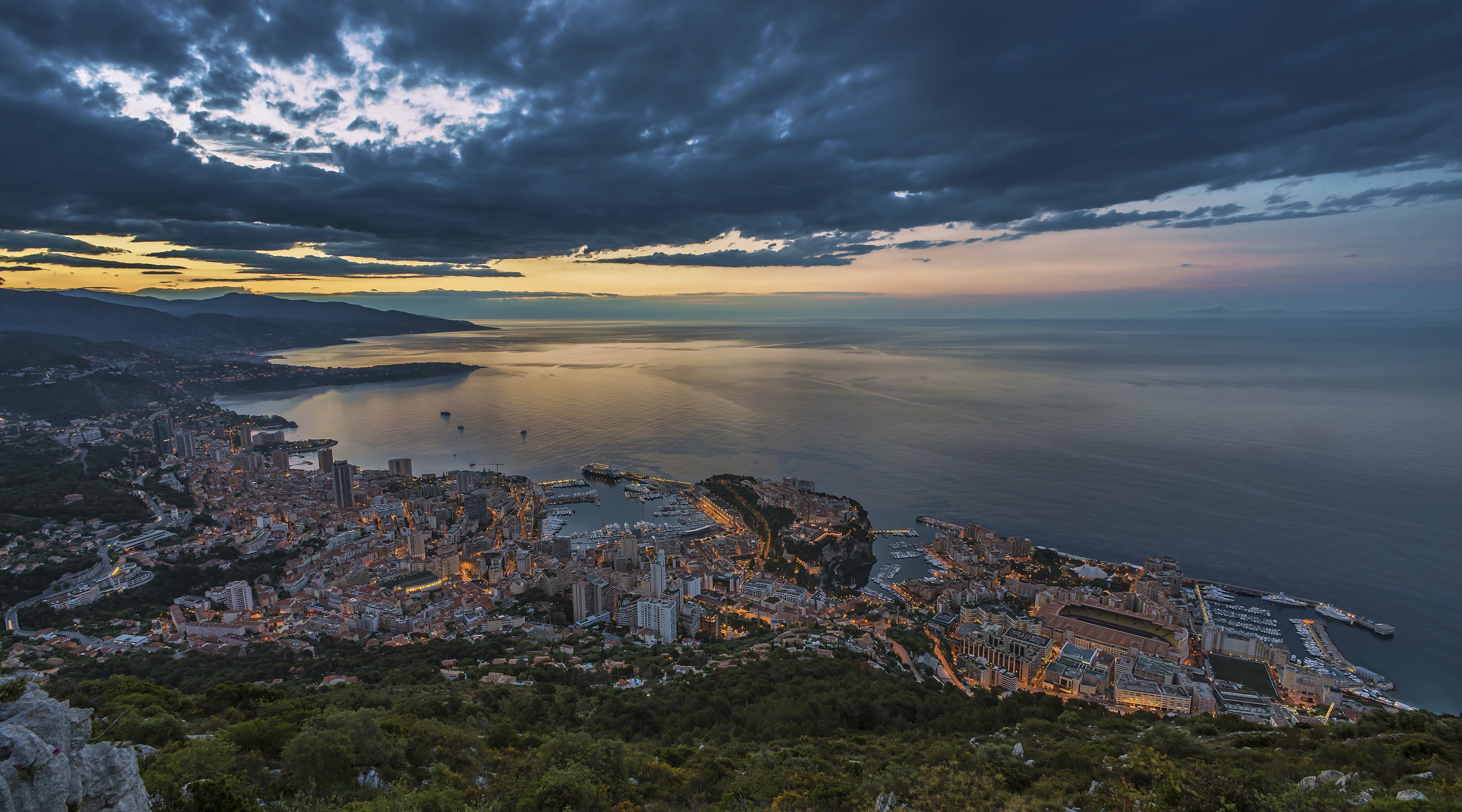 Monaco Coastline at Dusk with Dramatic Clouds HD Wallpaper