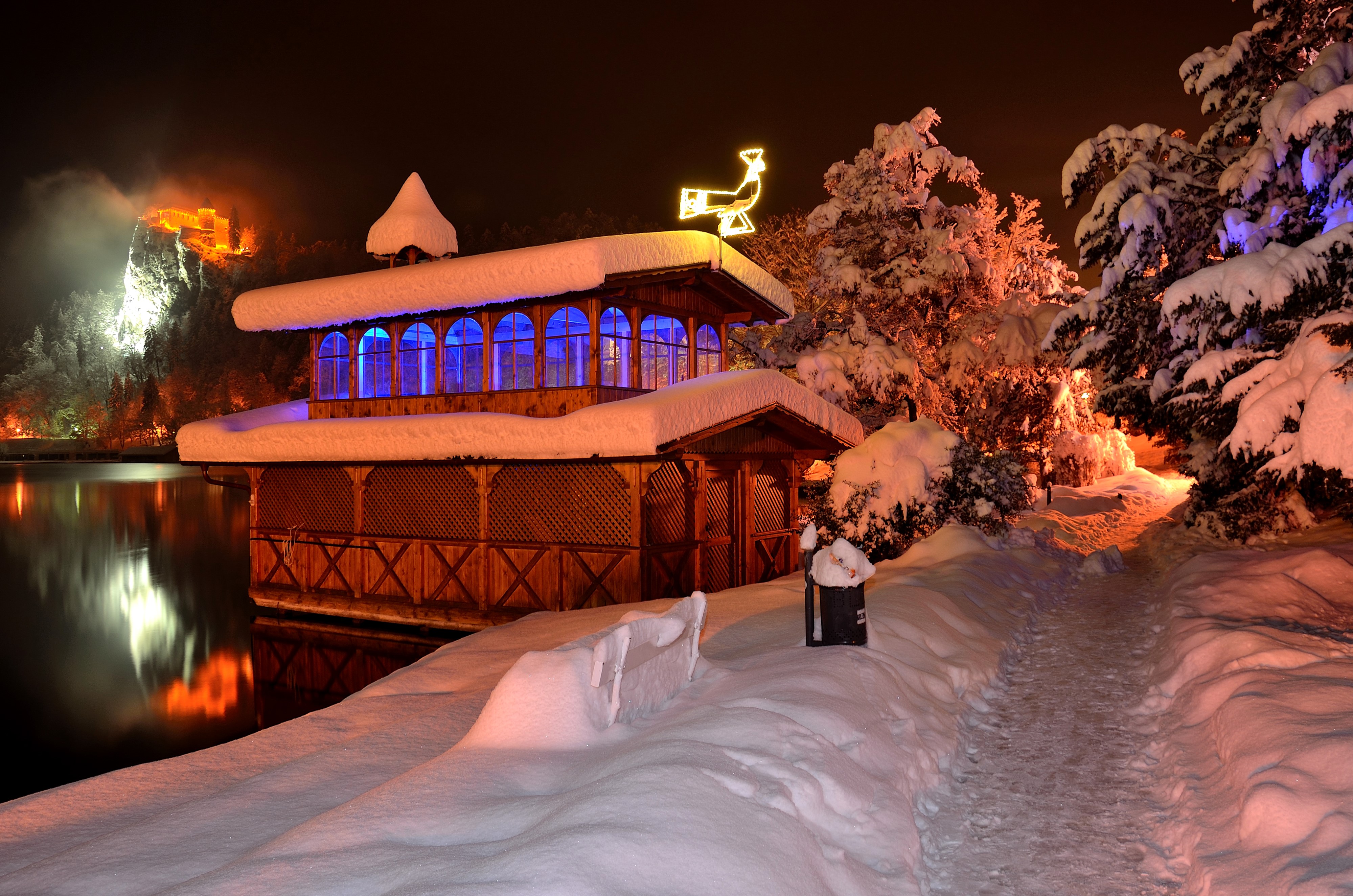 Winter Night at Lake Bled, Slovenia HD Wallpaper