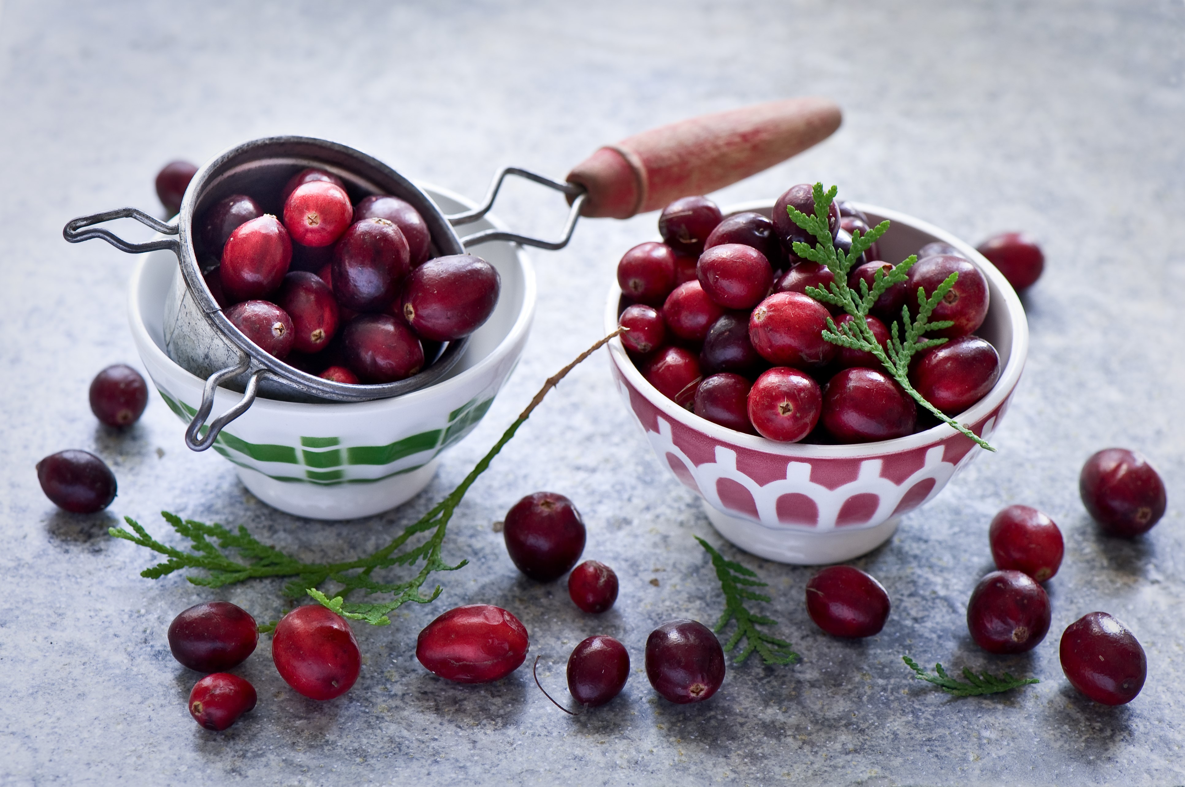Cranberries in bowls with branches HD Wallpaper