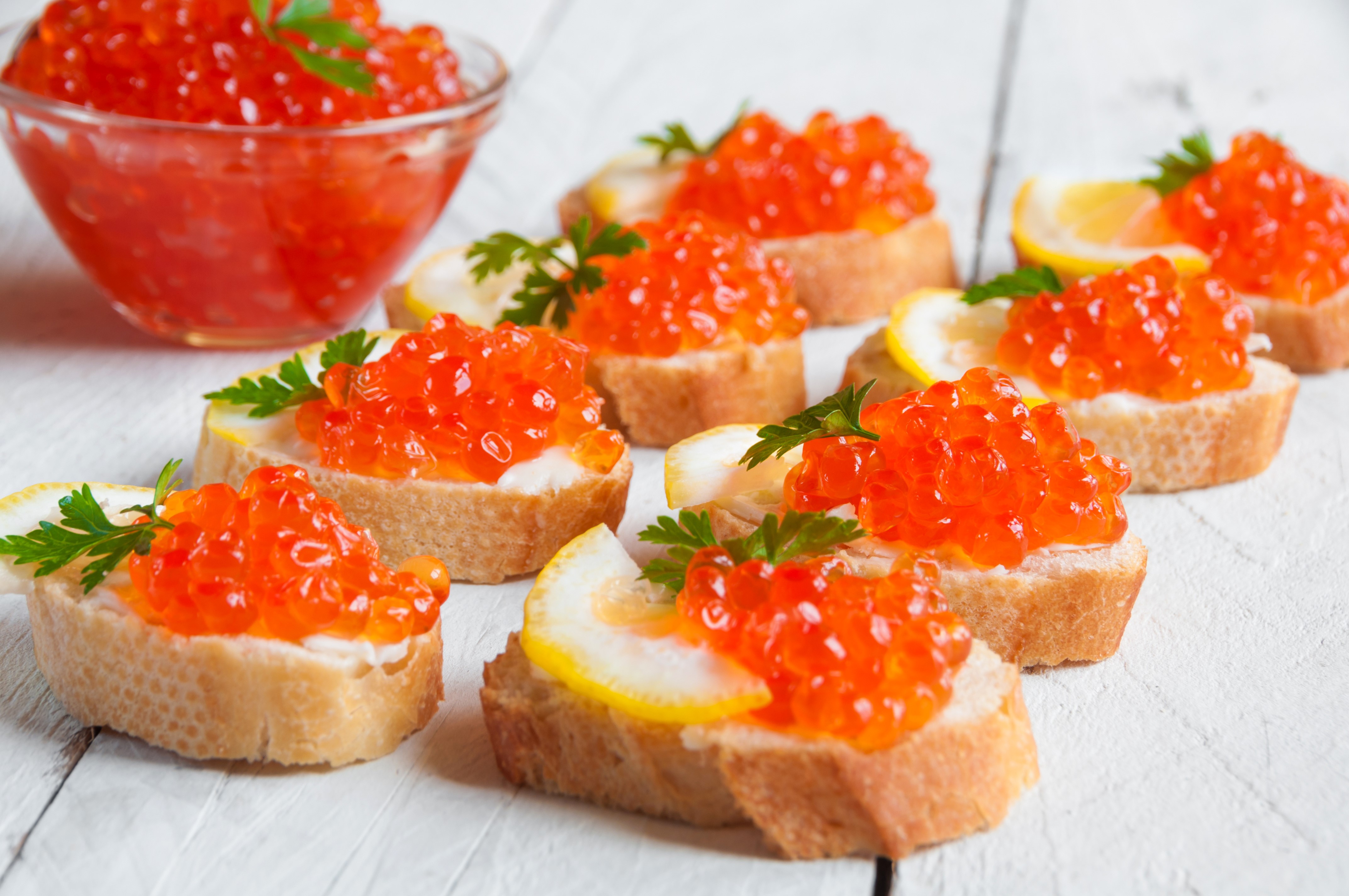 Red Caviar on Bread with Lemon and Parsley HD Wallpaper