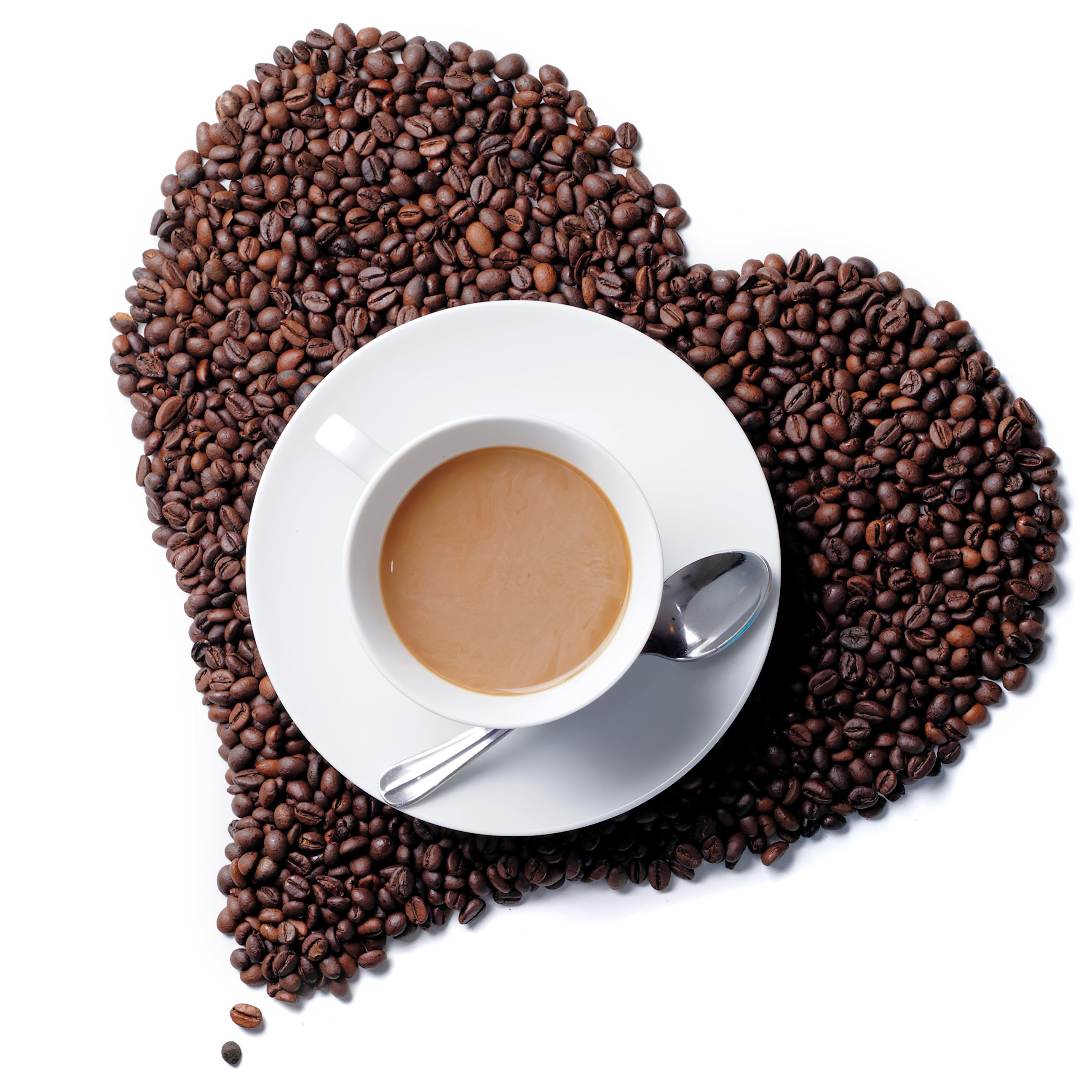 Coffee cup and saucer on heart shape of coffee beans HD Wallpaper