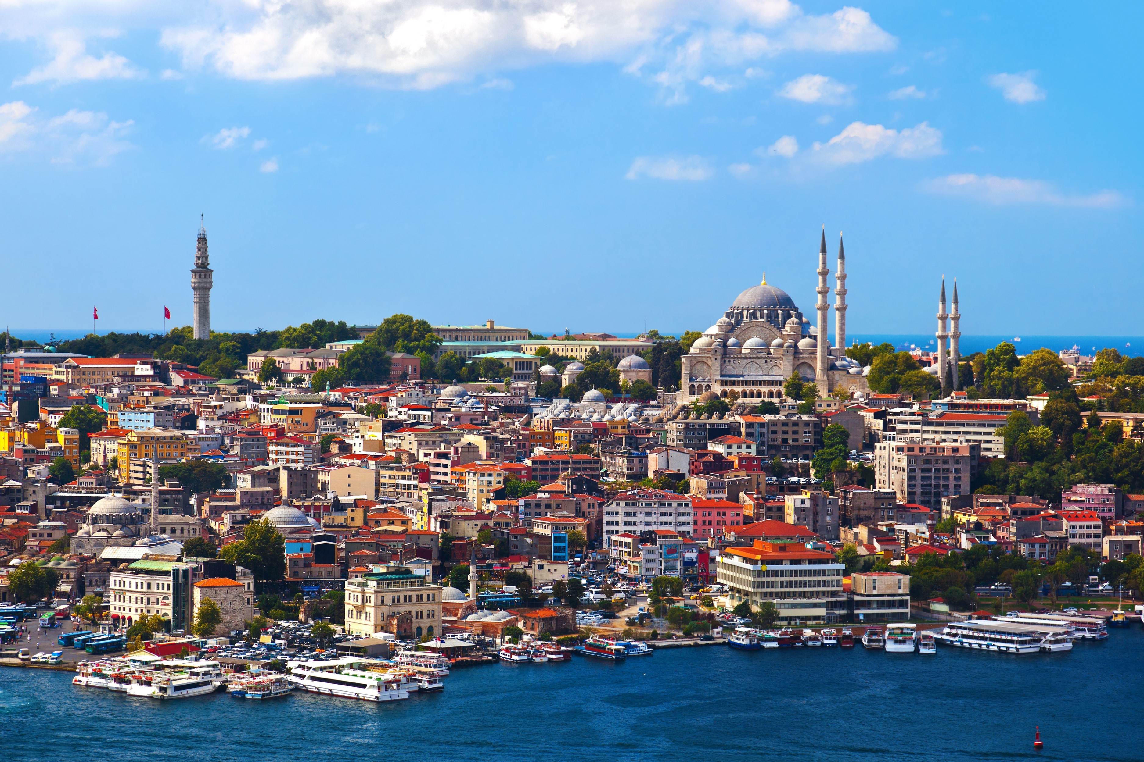 Istanbul cityscape with mosque and tower by the water HD Wallpaper