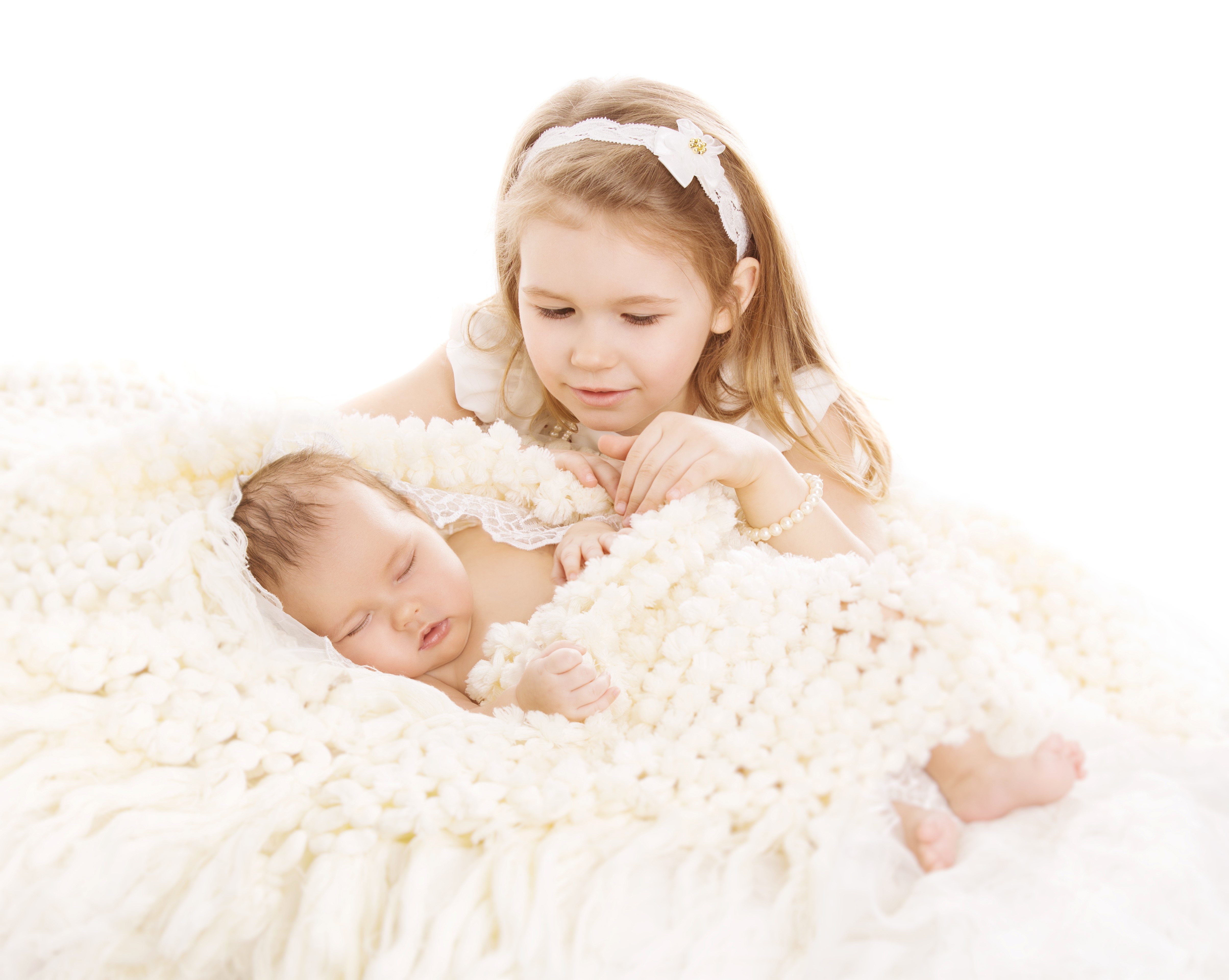 Two little girls, one infant sleeping HD Wallpaper