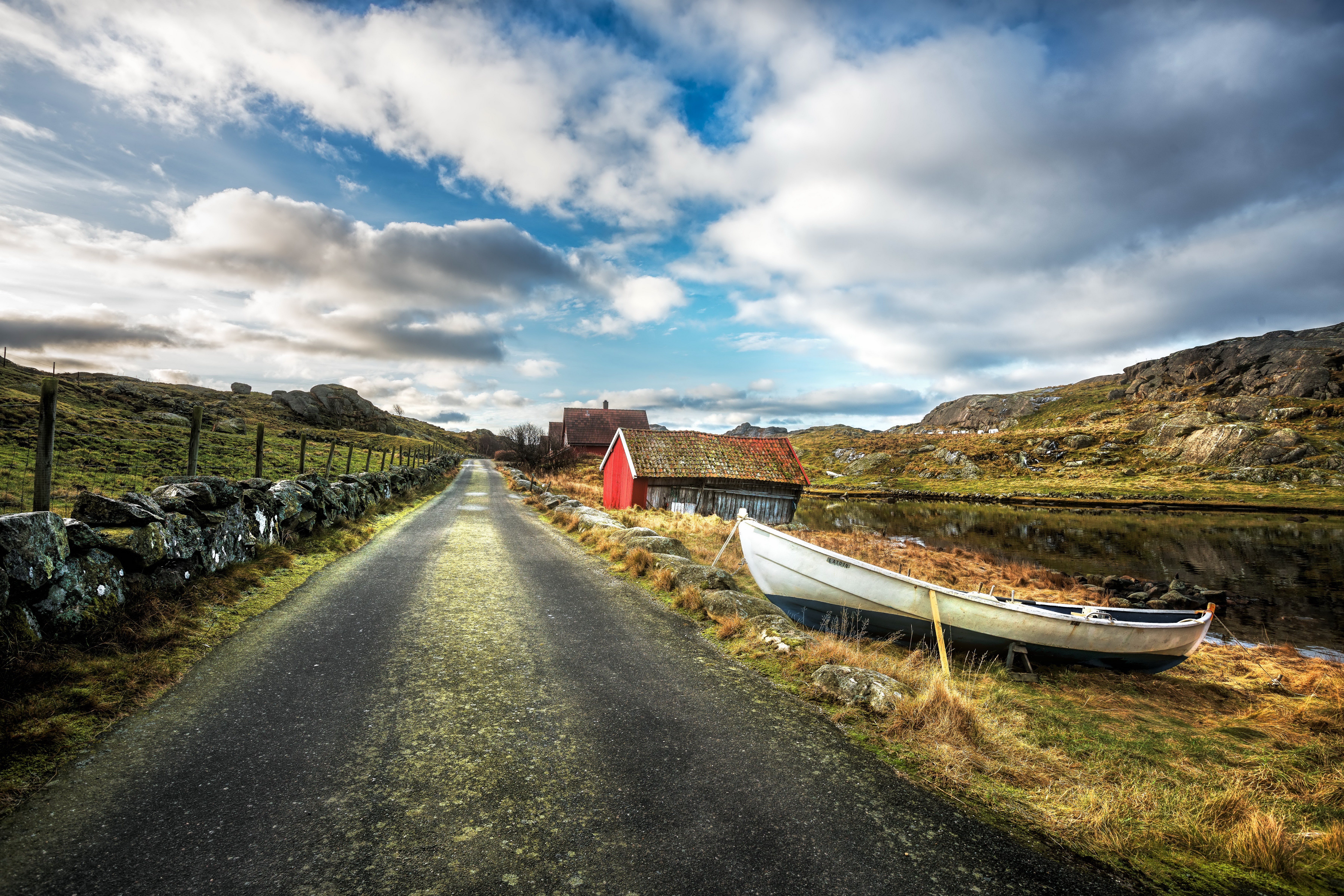 Road to Nymark Rogaland, Norway with boat and houses HD Wallpaper