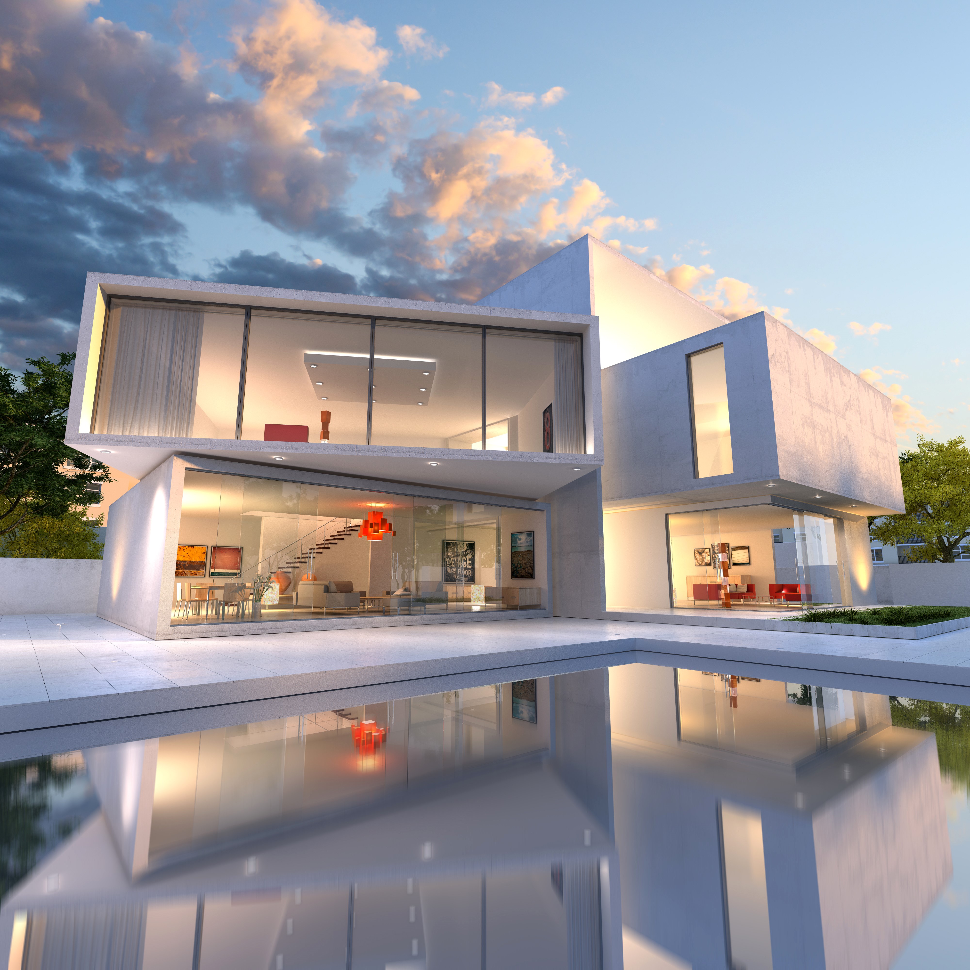 Modern Mansion with Pool and Dramatic Clouds HD Wallpaper