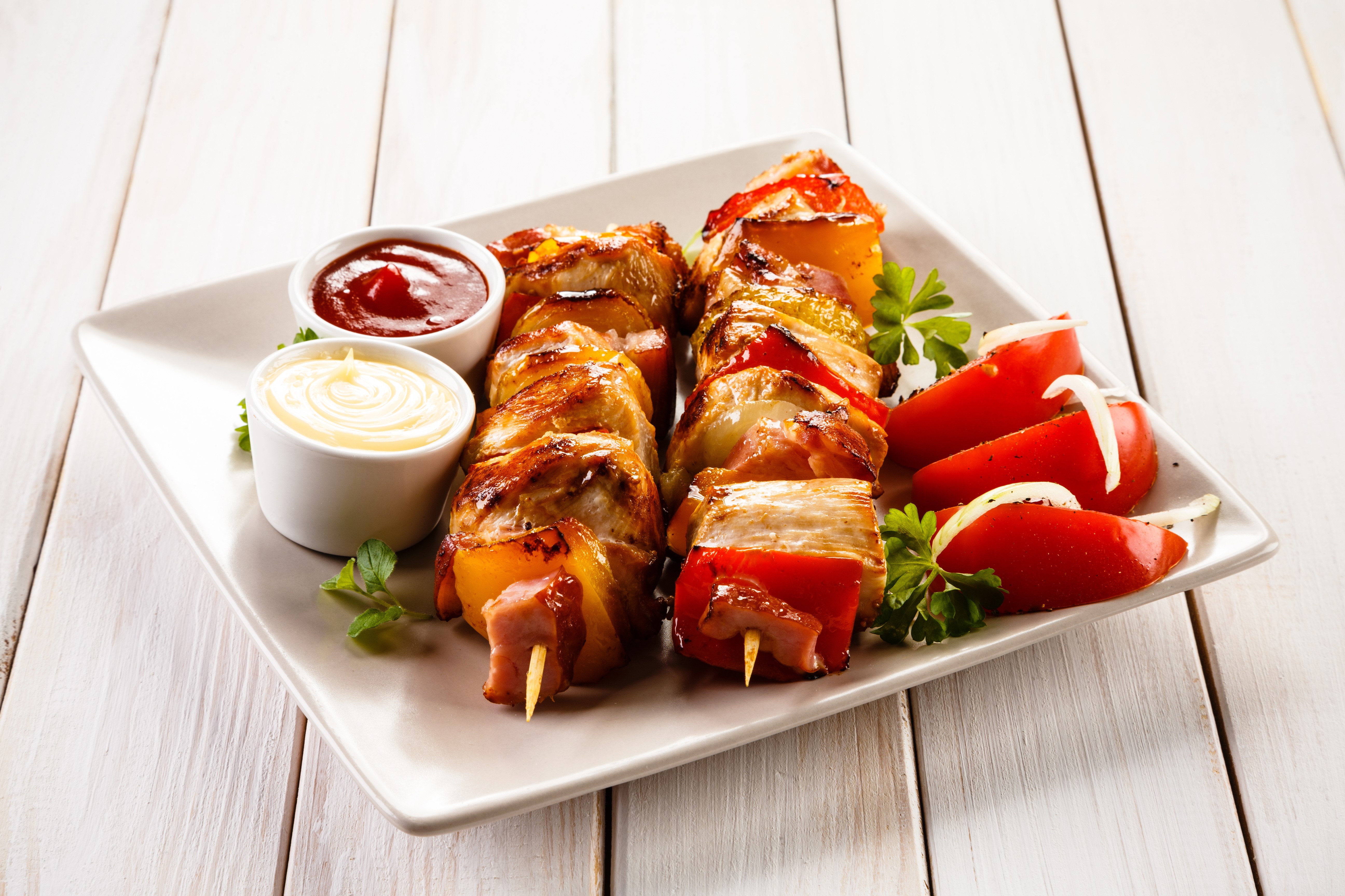 Shashlik with Ketchup and Mayonnaise on a Plate HD Wallpaper