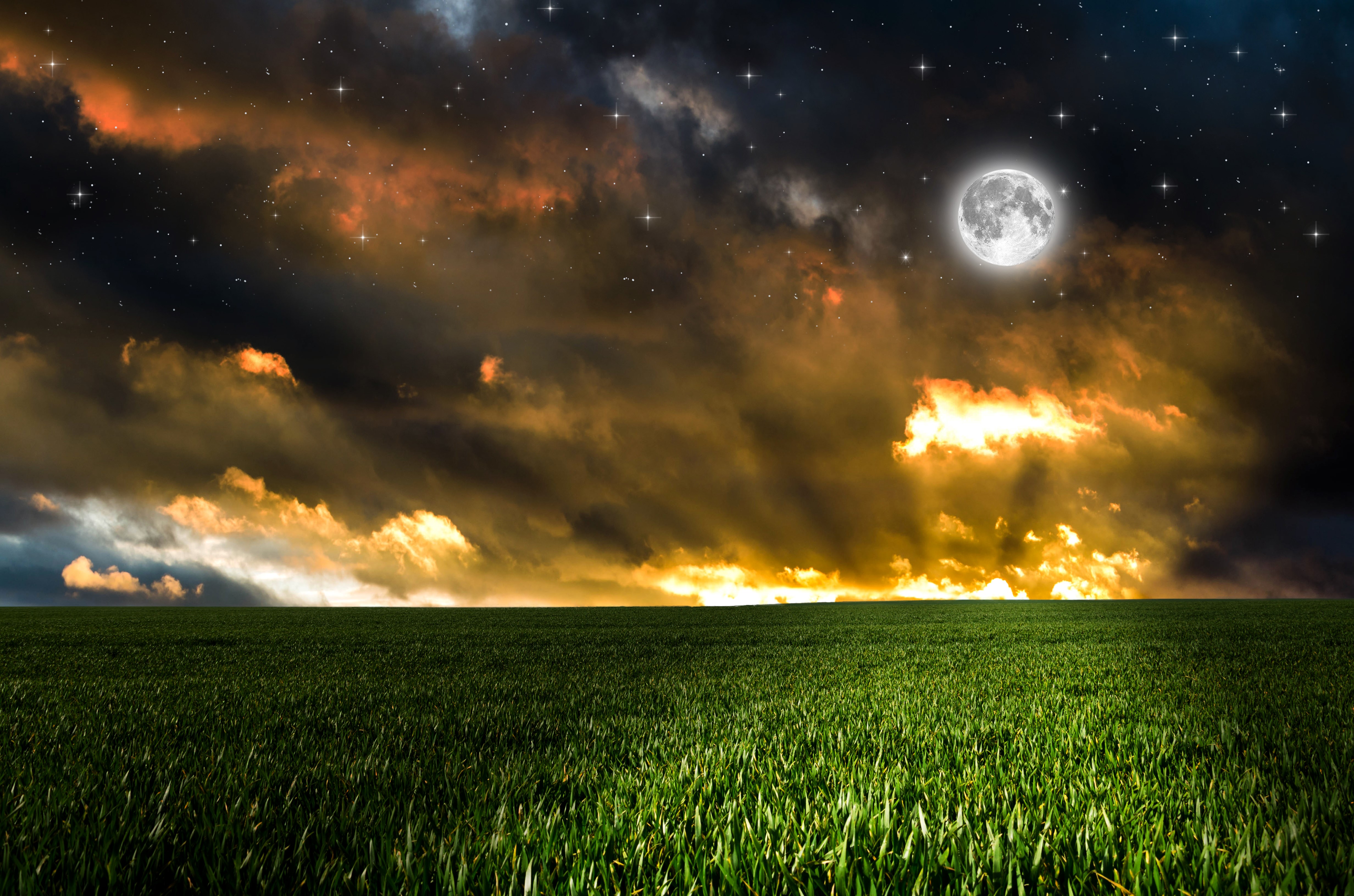 4K Green Field Under Moonlit Cloudy Sky HD Wallpaper