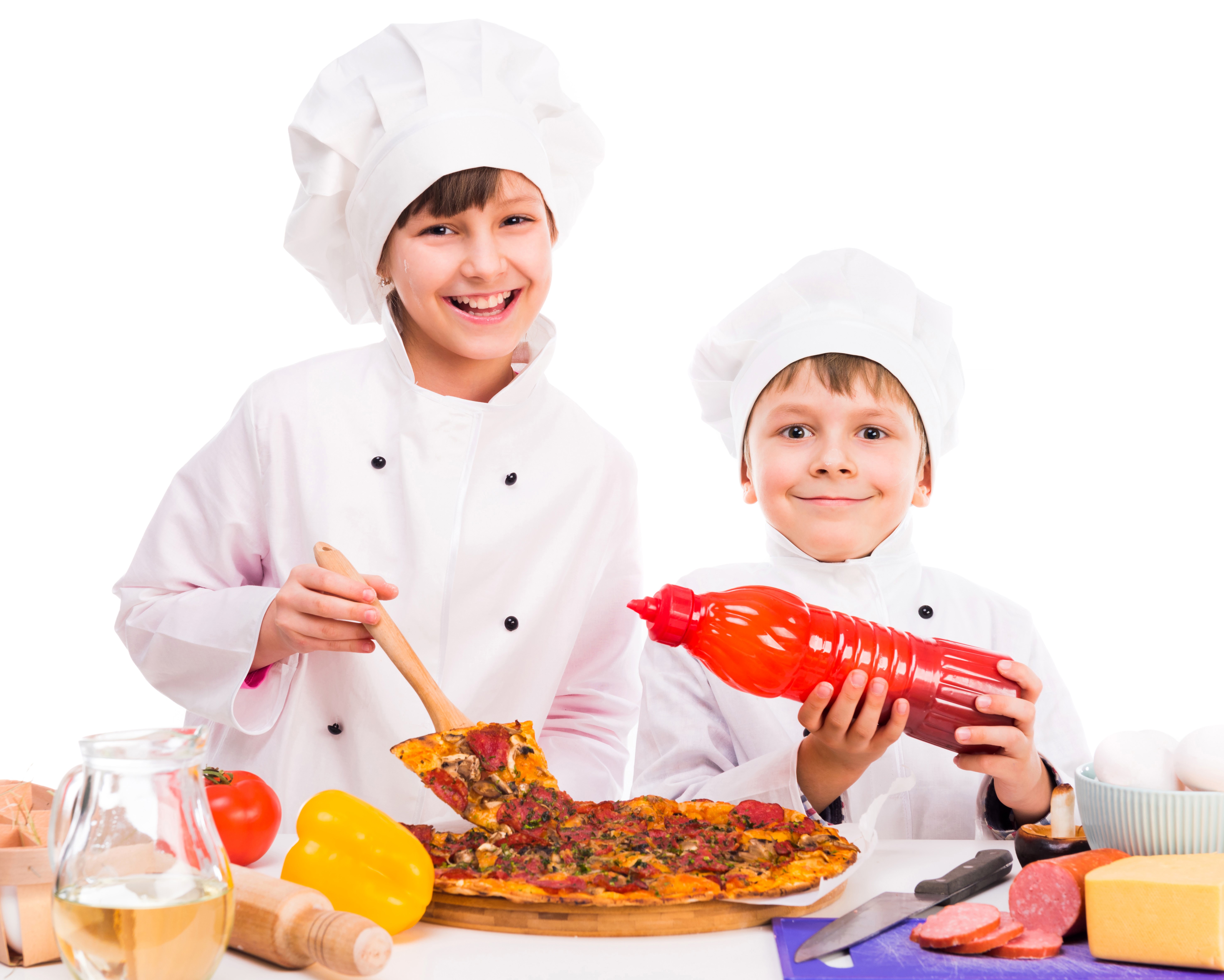 Two young chefs making pizza HD Wallpaper