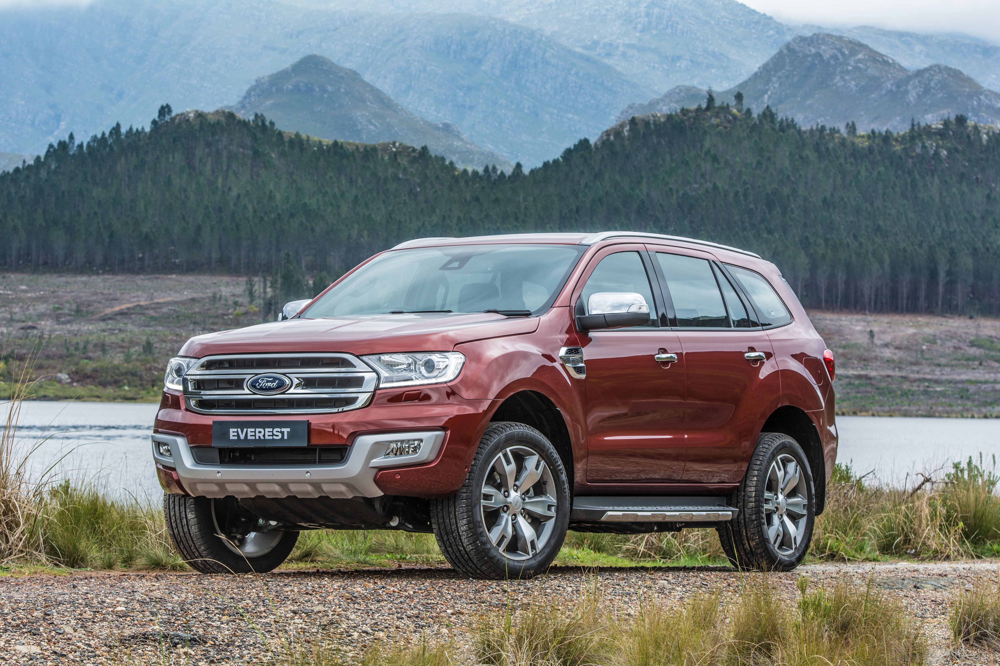 Red Ford Everest SUV parked by a lake HD Wallpaper