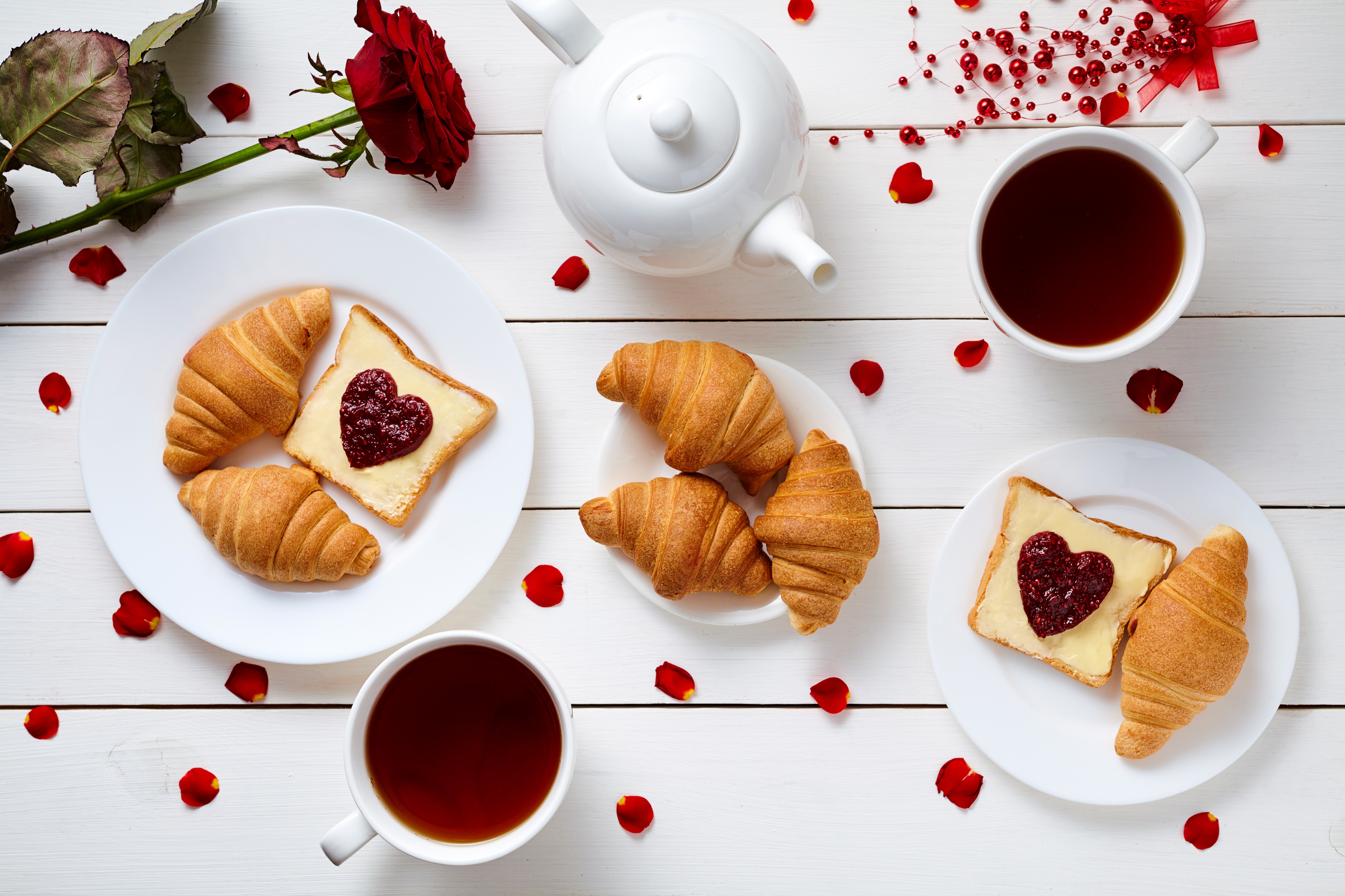 Valentine's Day Breakfast with Croissants, Tea, and Rose HD Wallpaper