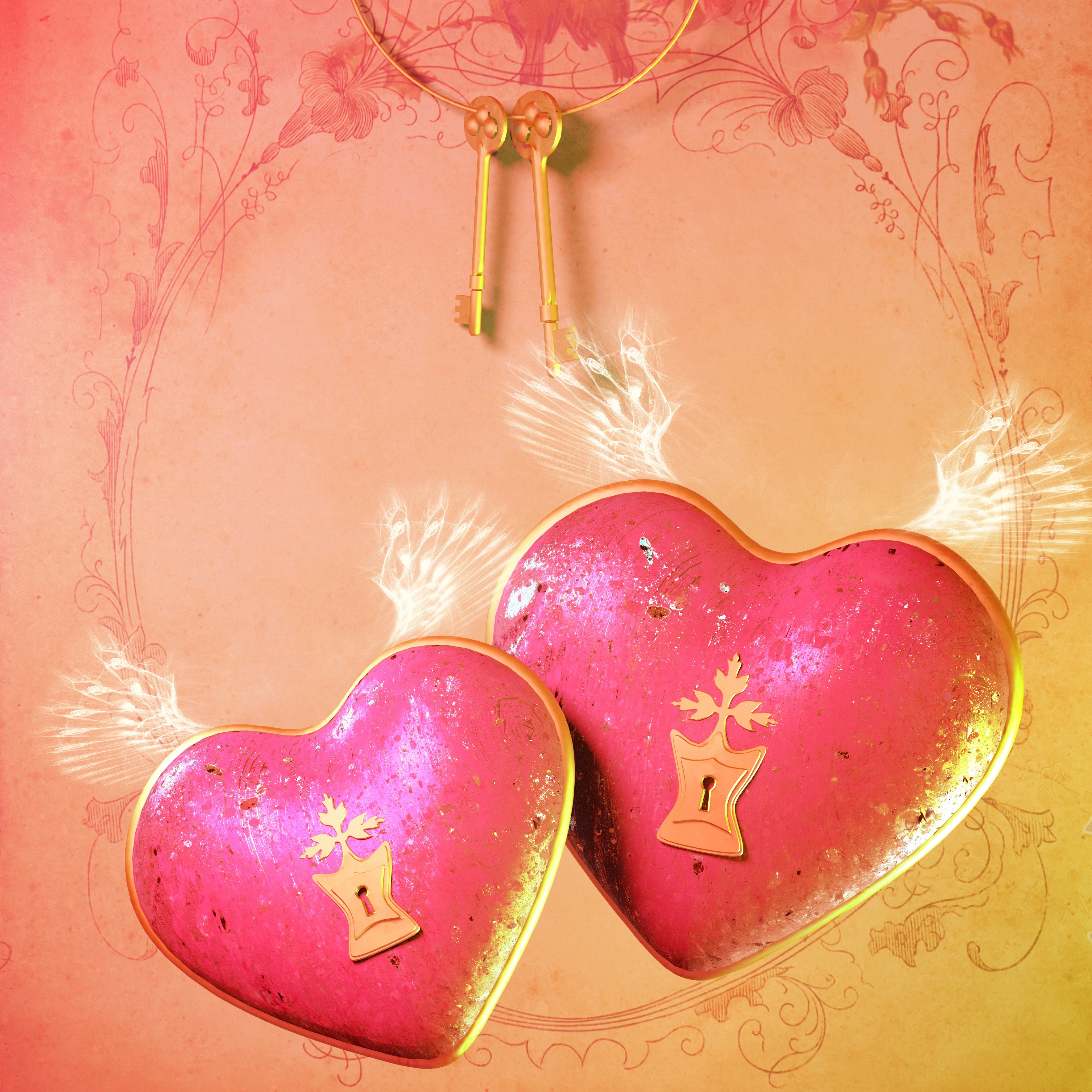 Two hearts with keys and wings on a decorative background HD Wallpaper