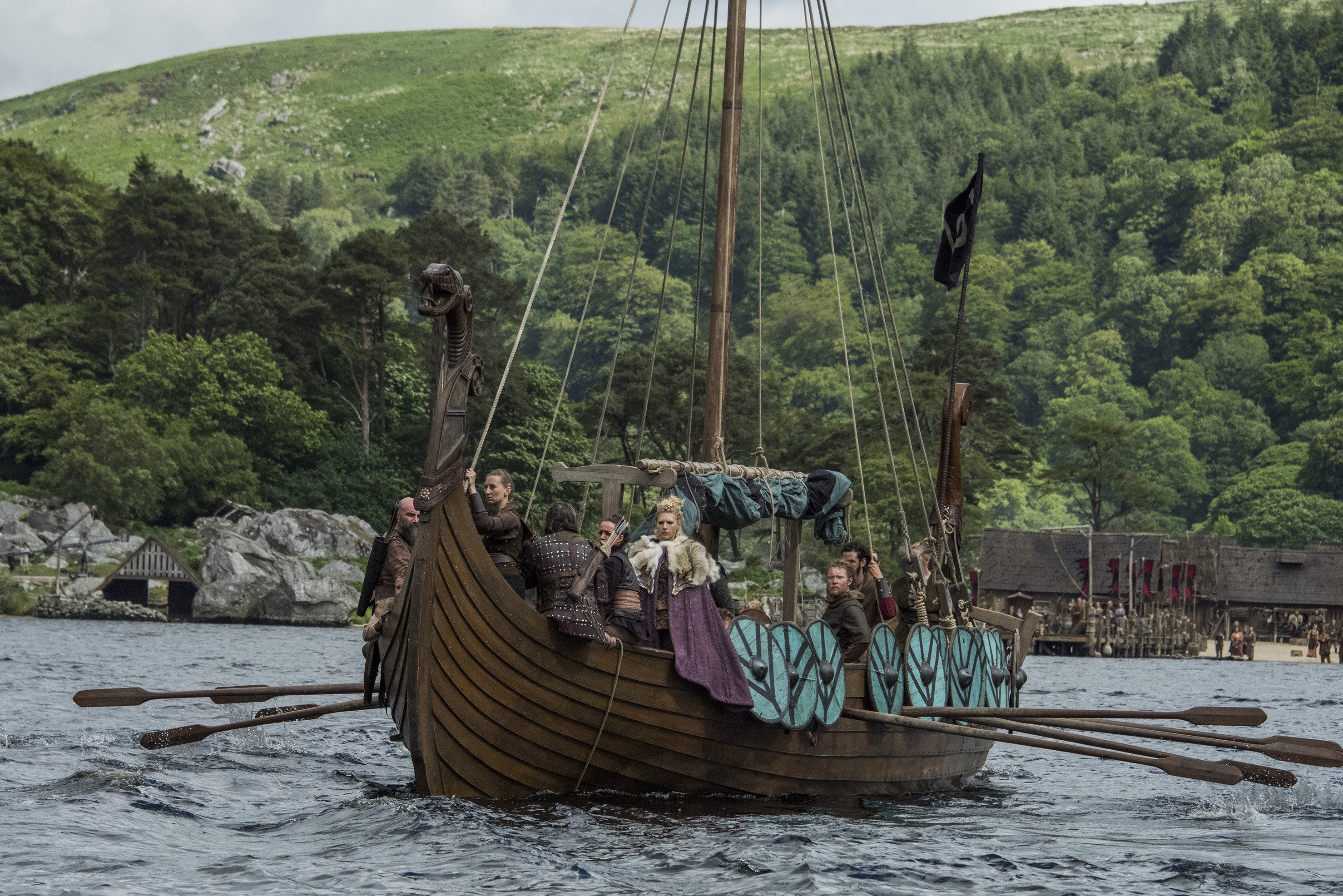 Vikings on a longship in a lake HD Wallpaper
