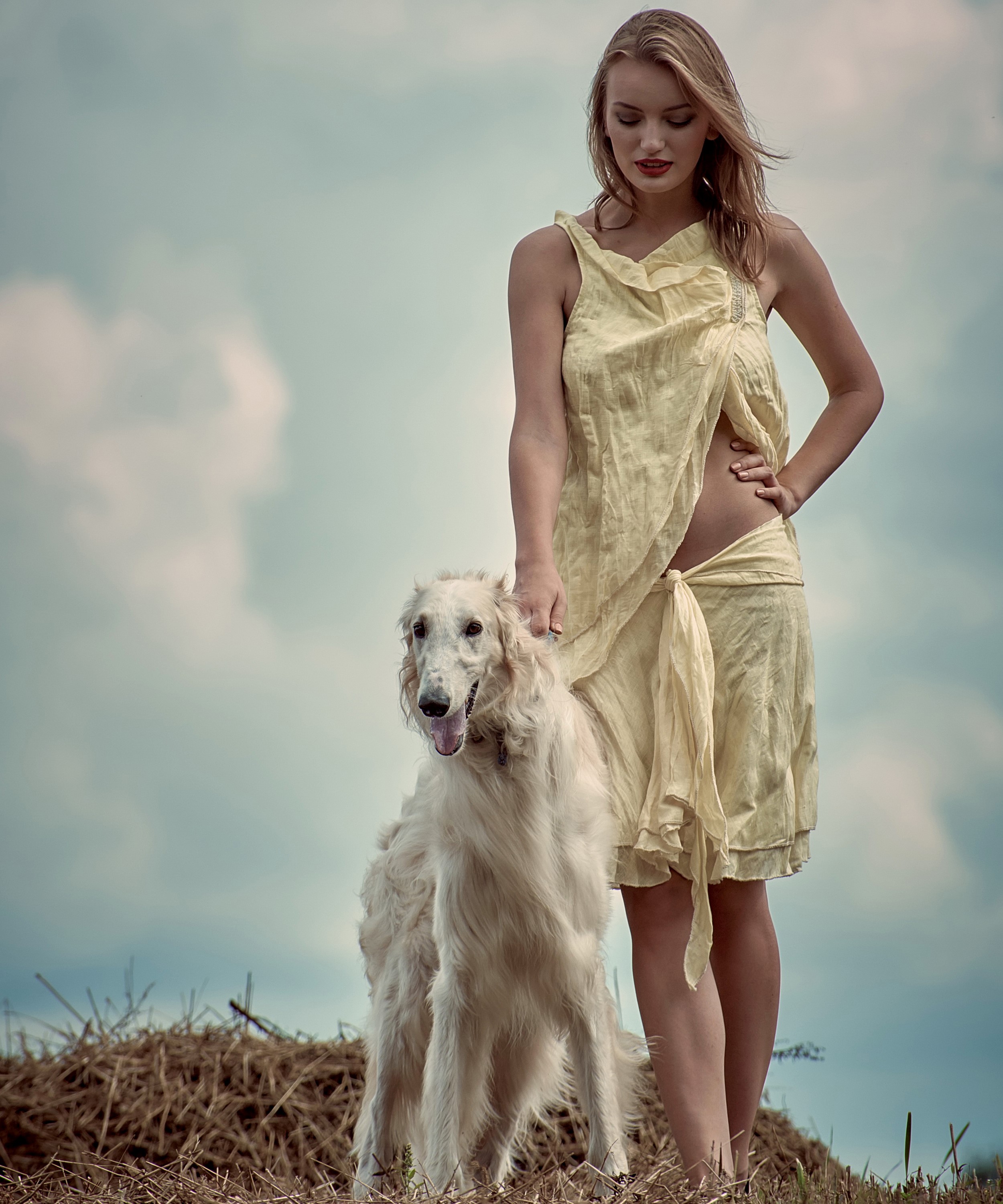 Woman in yellow dress with Borzoi dog in field HD Wallpaper