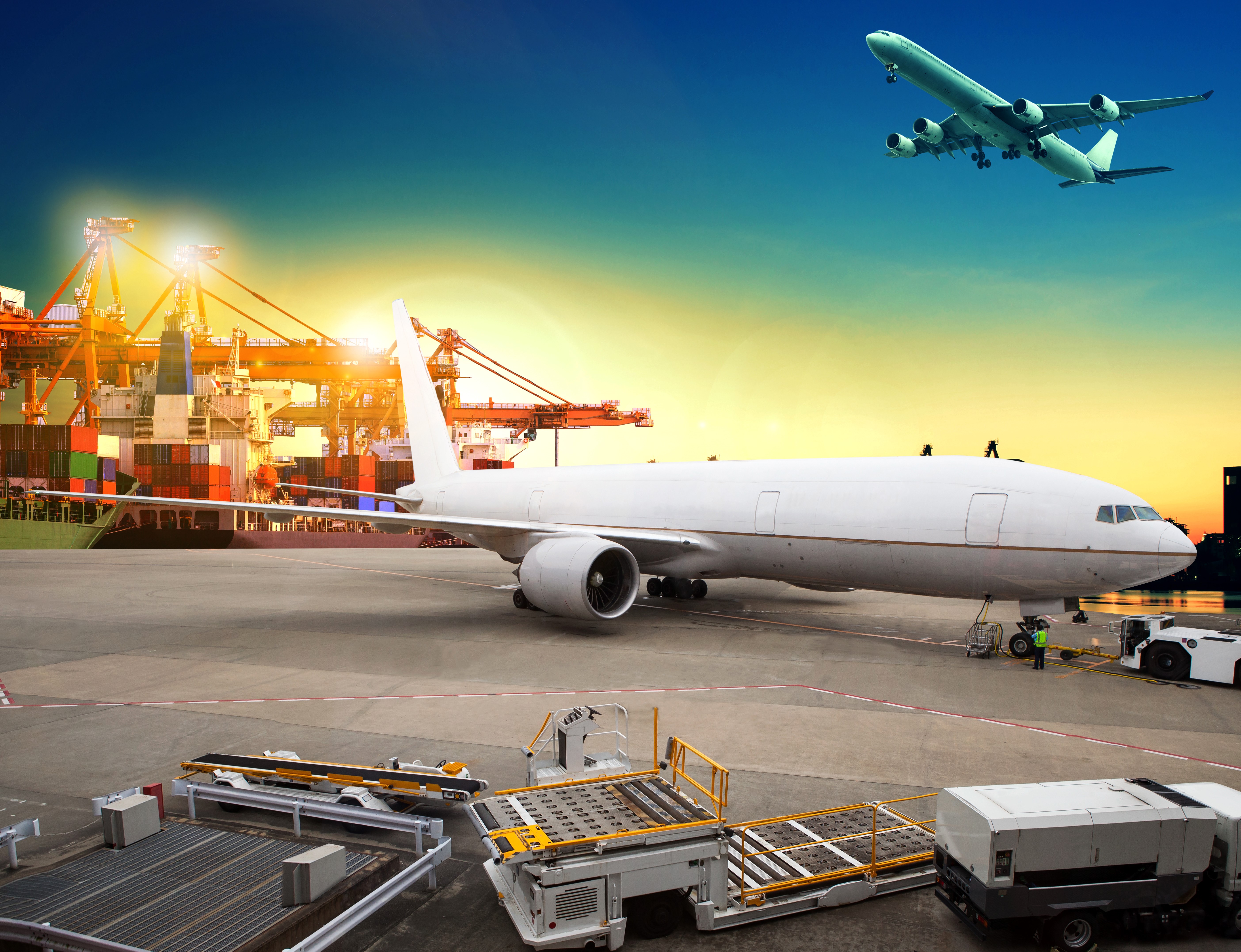 Airplane at Port with Cargo and Aircraft in Sky HD Wallpaper