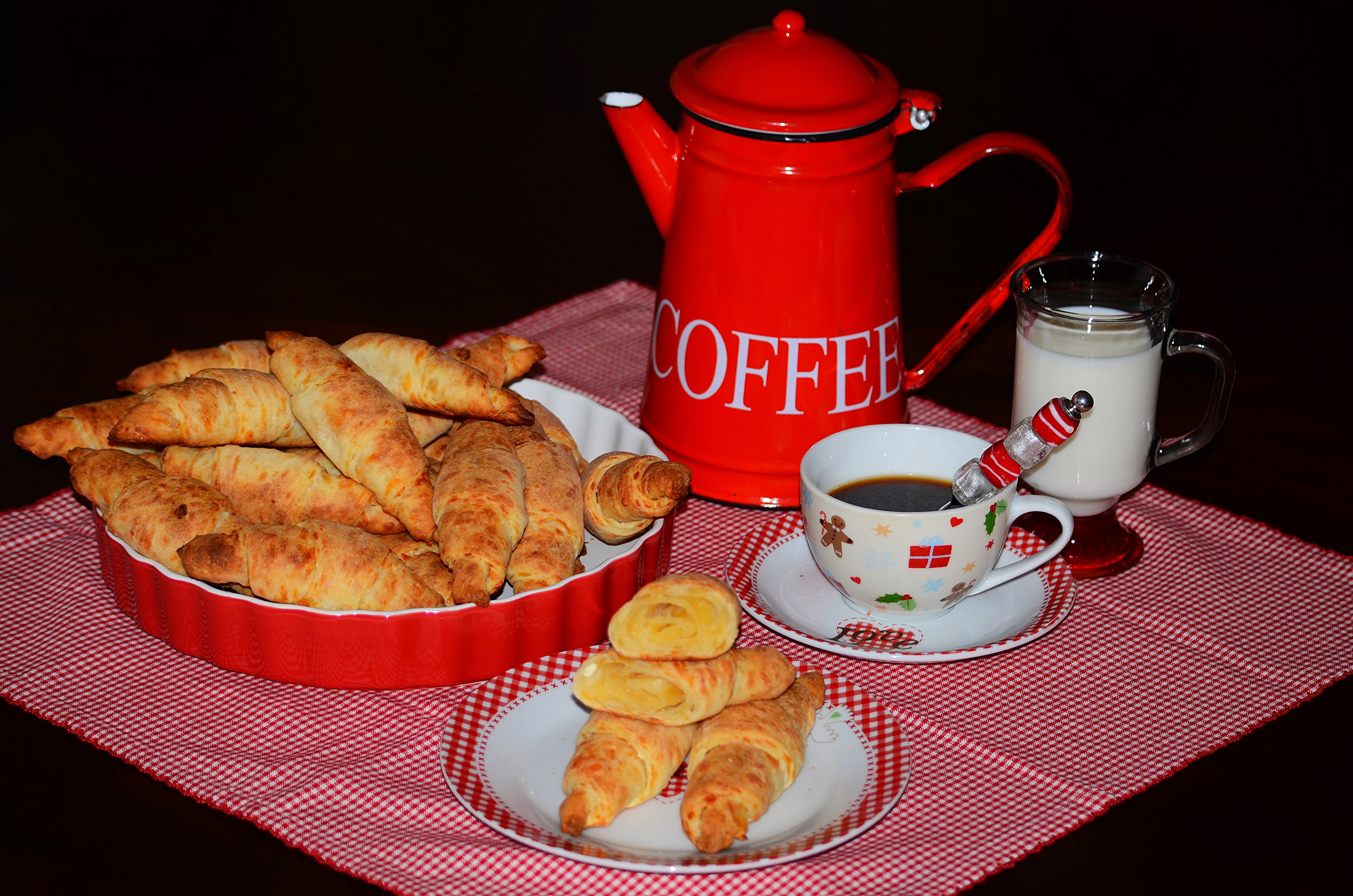 Breakfast with coffee, milk, and croissants HD Wallpaper