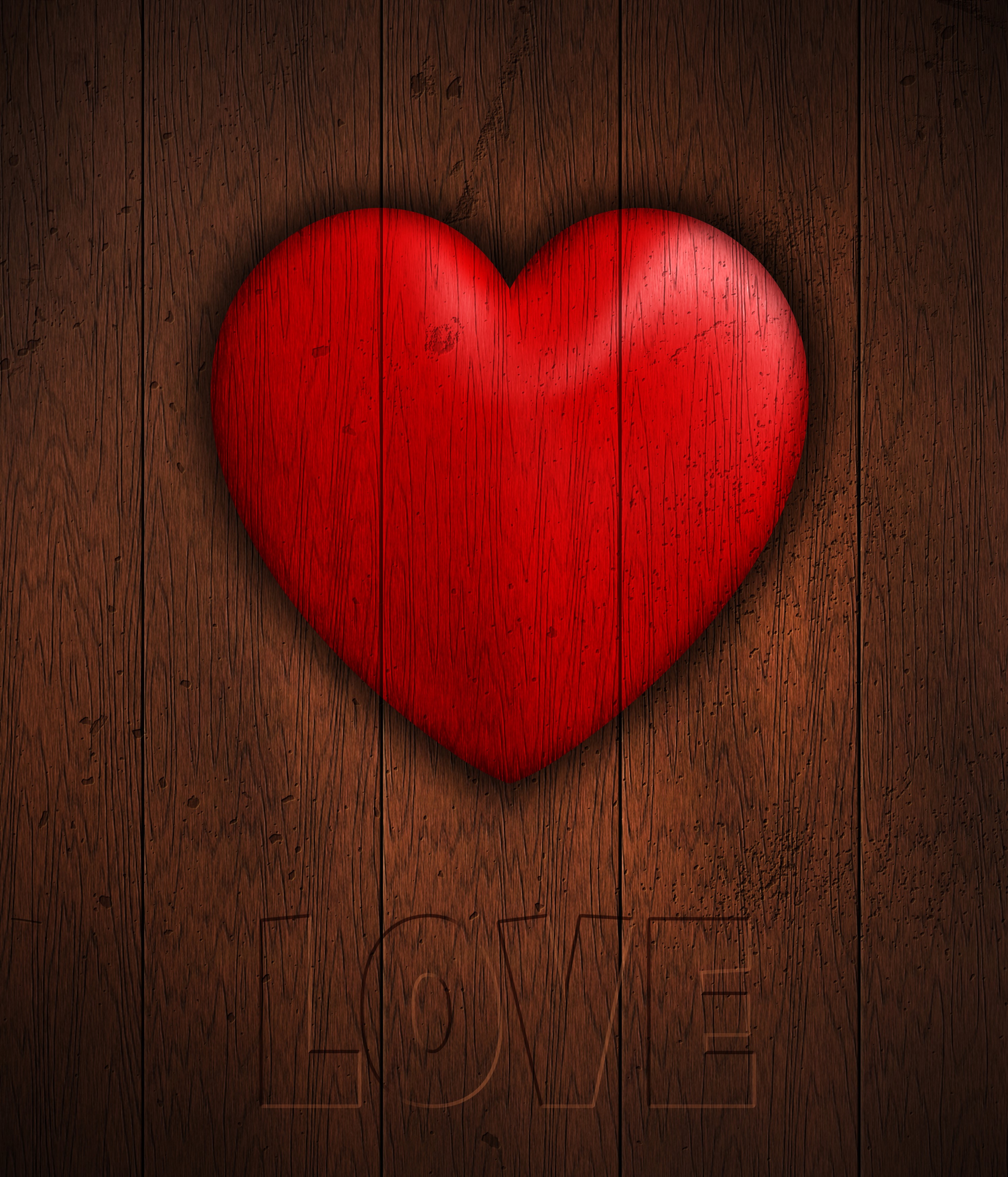 Red Heart on Wood Planks with "LOVE" Carved HD Wallpaper