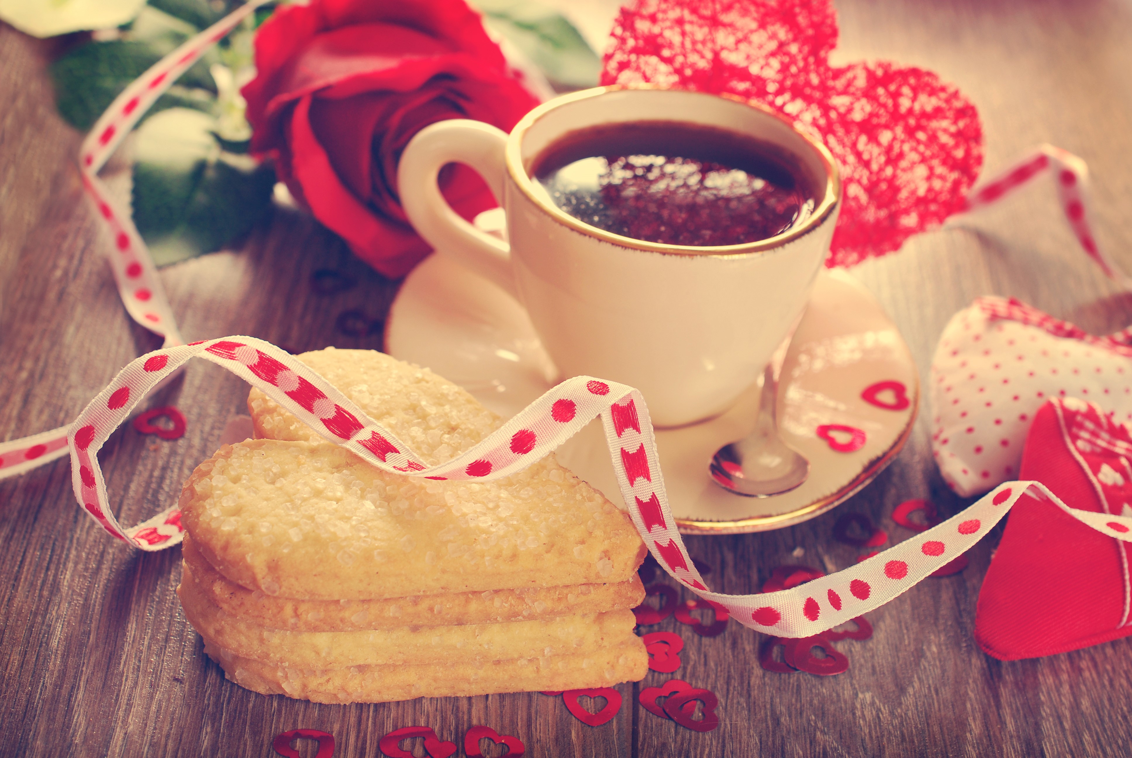 Valentine's Day Coffee, Cookies, Rose, and Hearts HD Wallpaper
