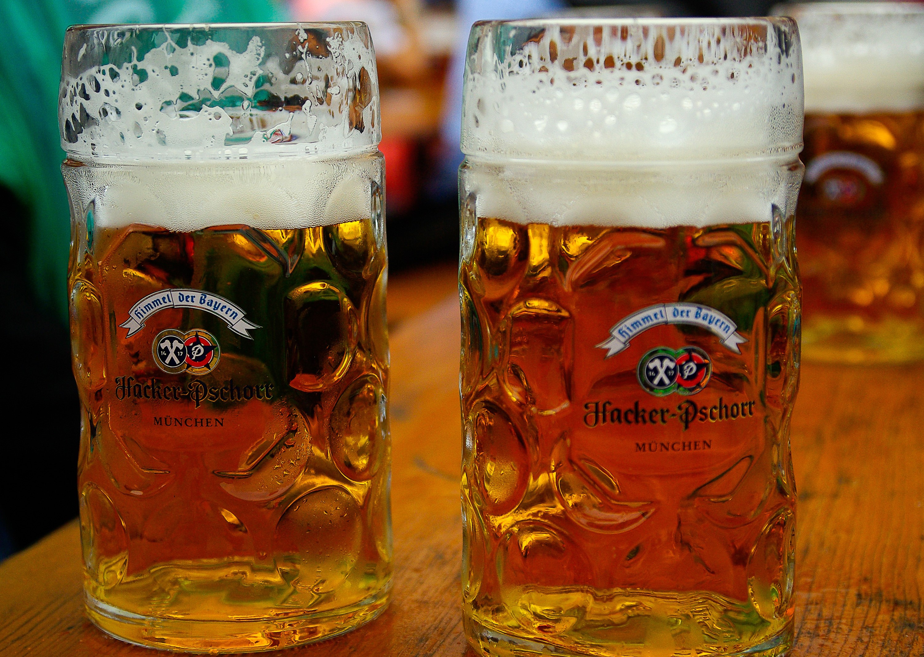 Two Hacker-Pschorr beer mugs with foam HD Wallpaper
