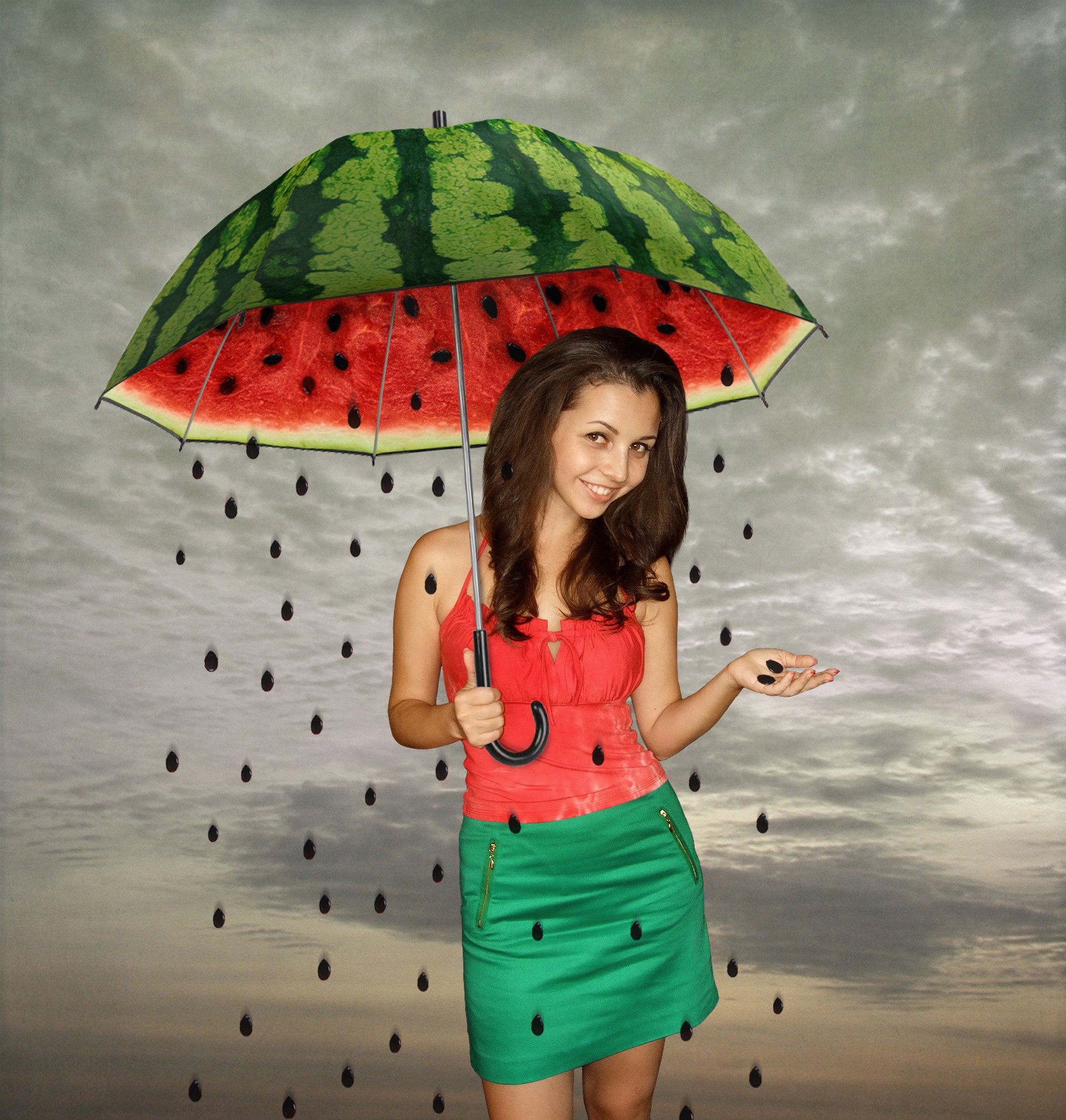 Woman holding a watermelon umbrella with watermelon seeds falling HD Wallpaper