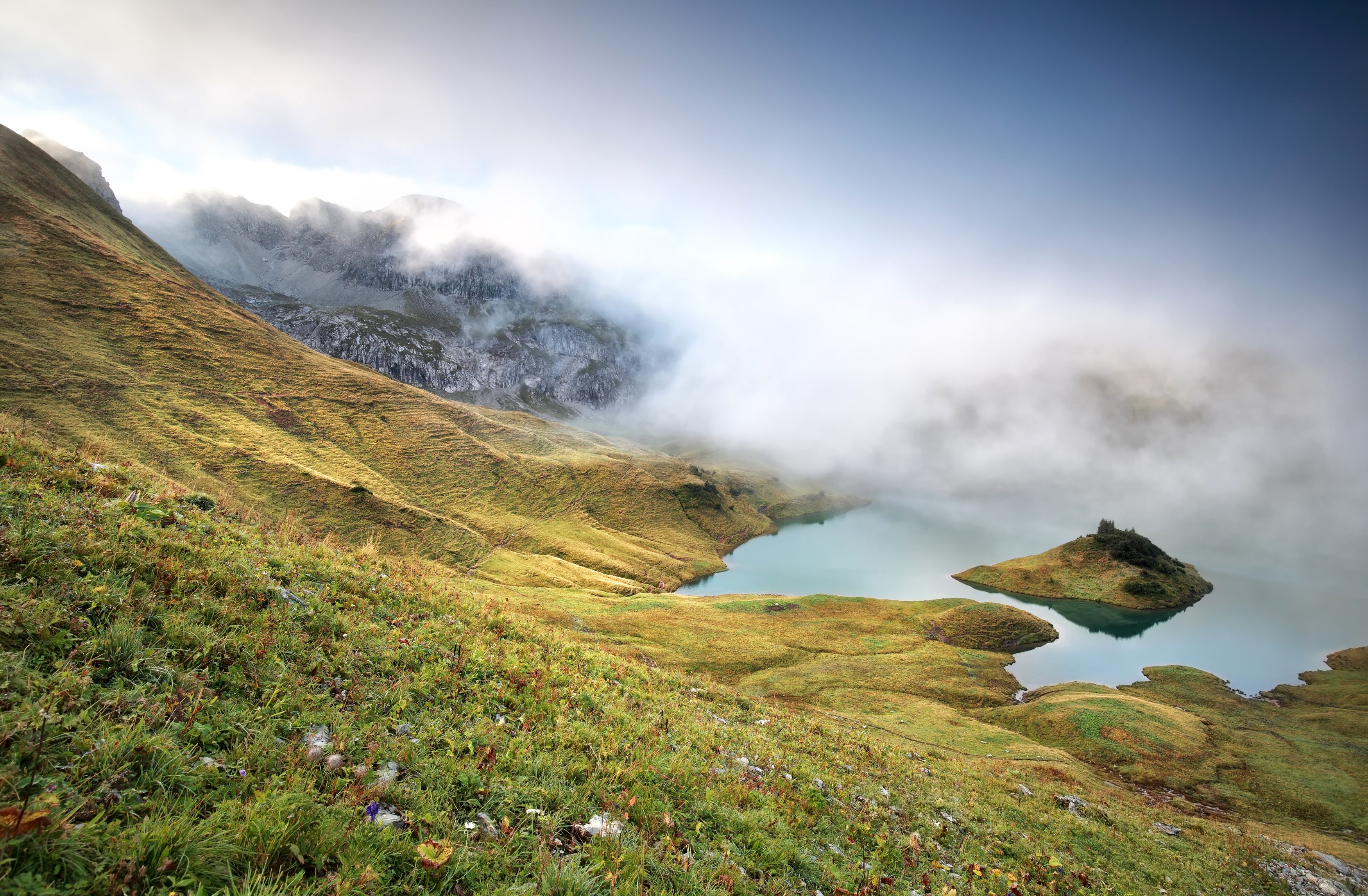 Lake Schrecksee in the Alps with Fog HD Wallpaper