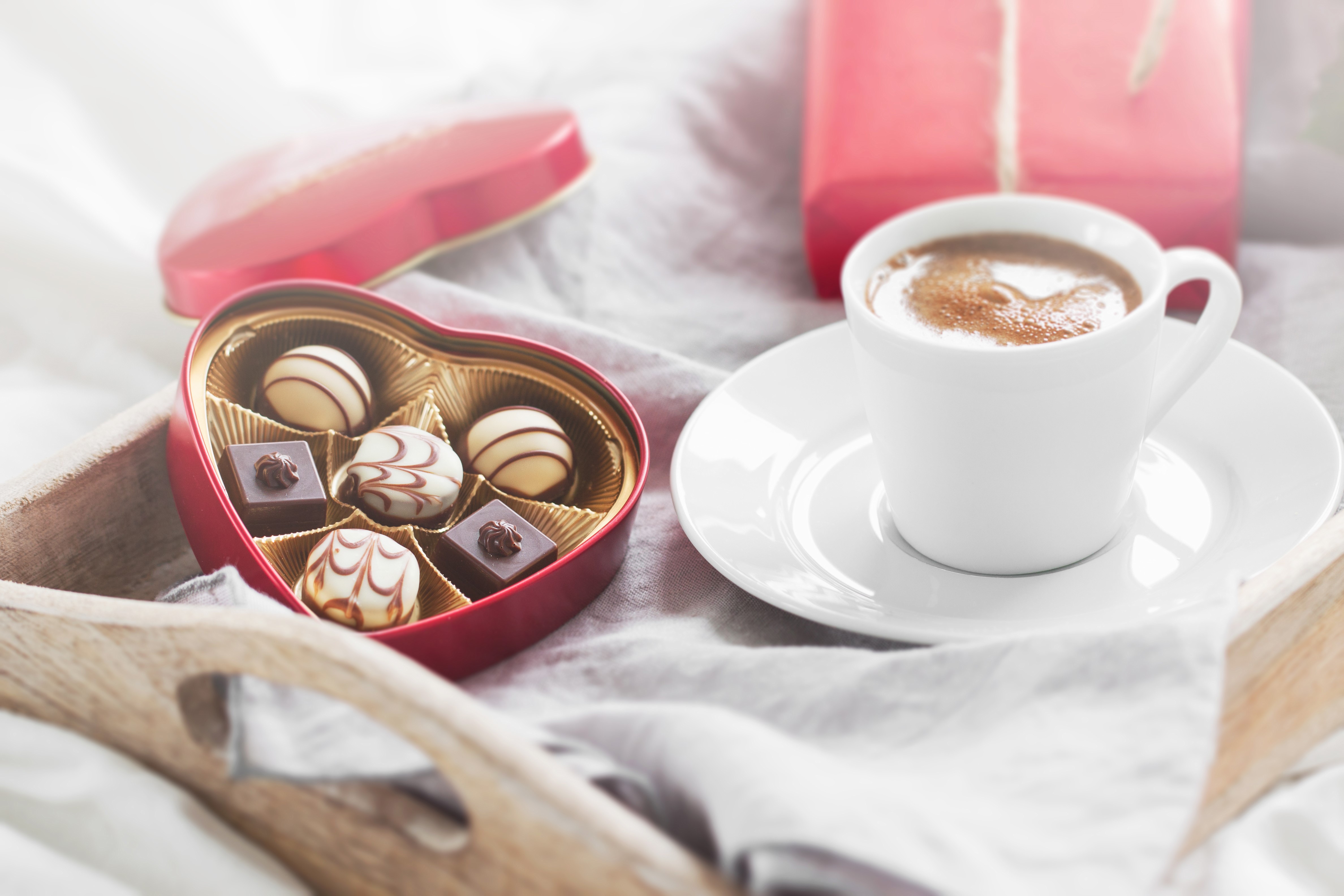 Heart-shaped chocolates and coffee HD Wallpaper