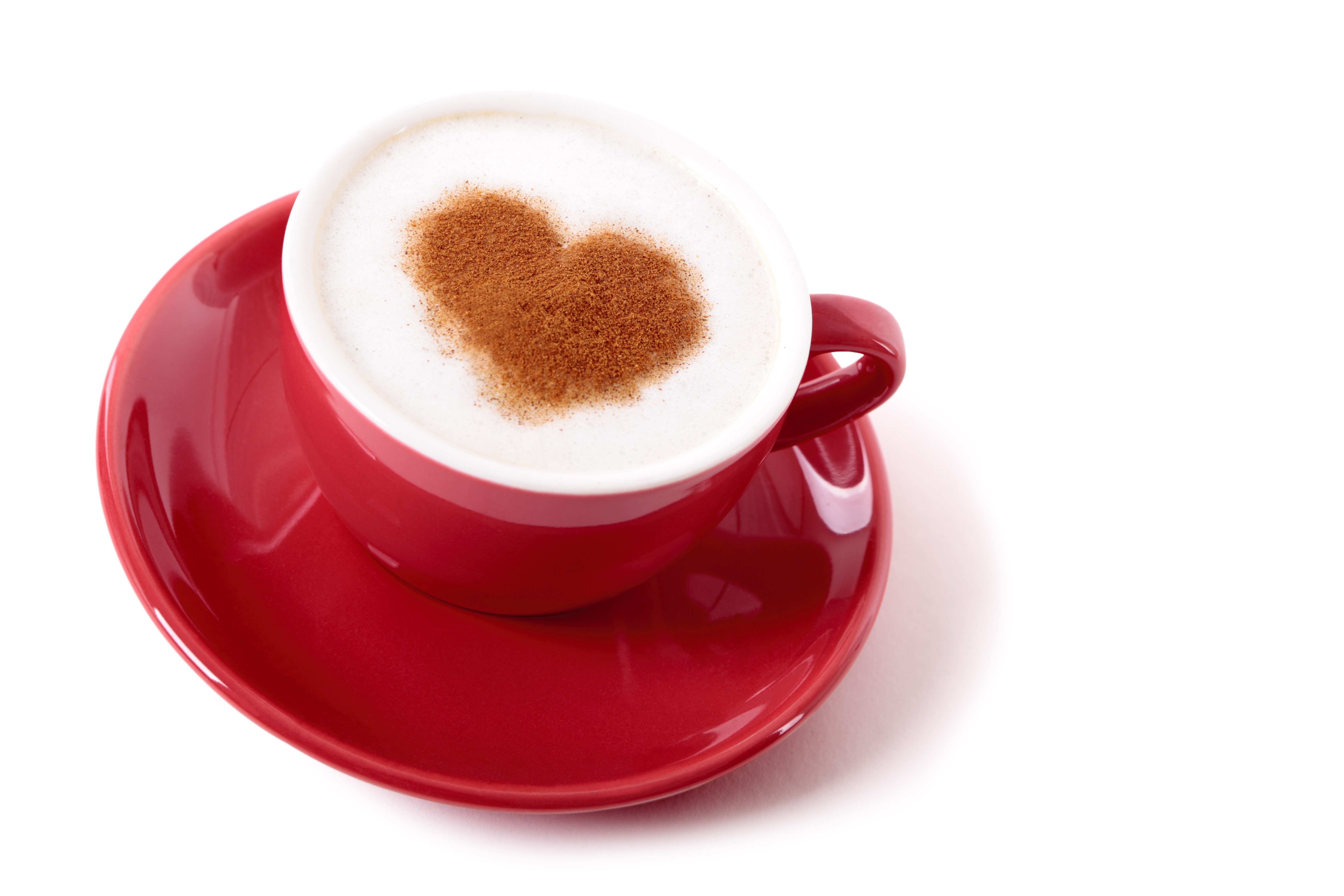 Red cup of cappuccino with cinnamon heart on saucer HD Wallpaper