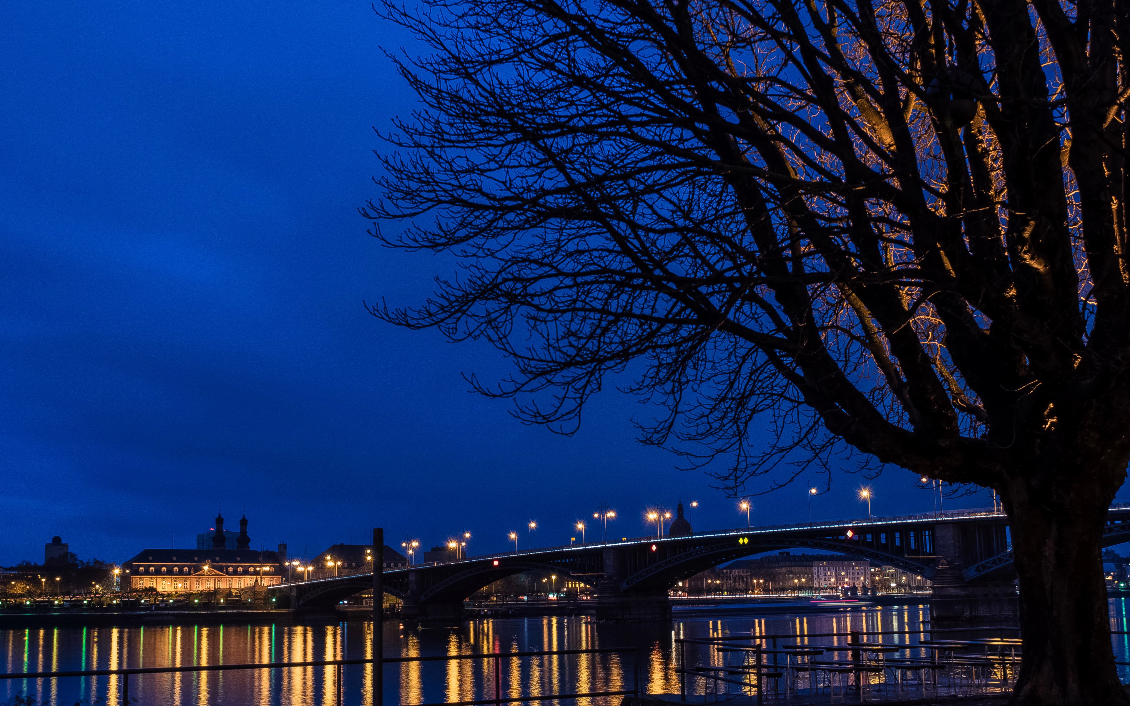 Night view of a bridge and city lights over a river in Mainz, Germany HD Wallpaper