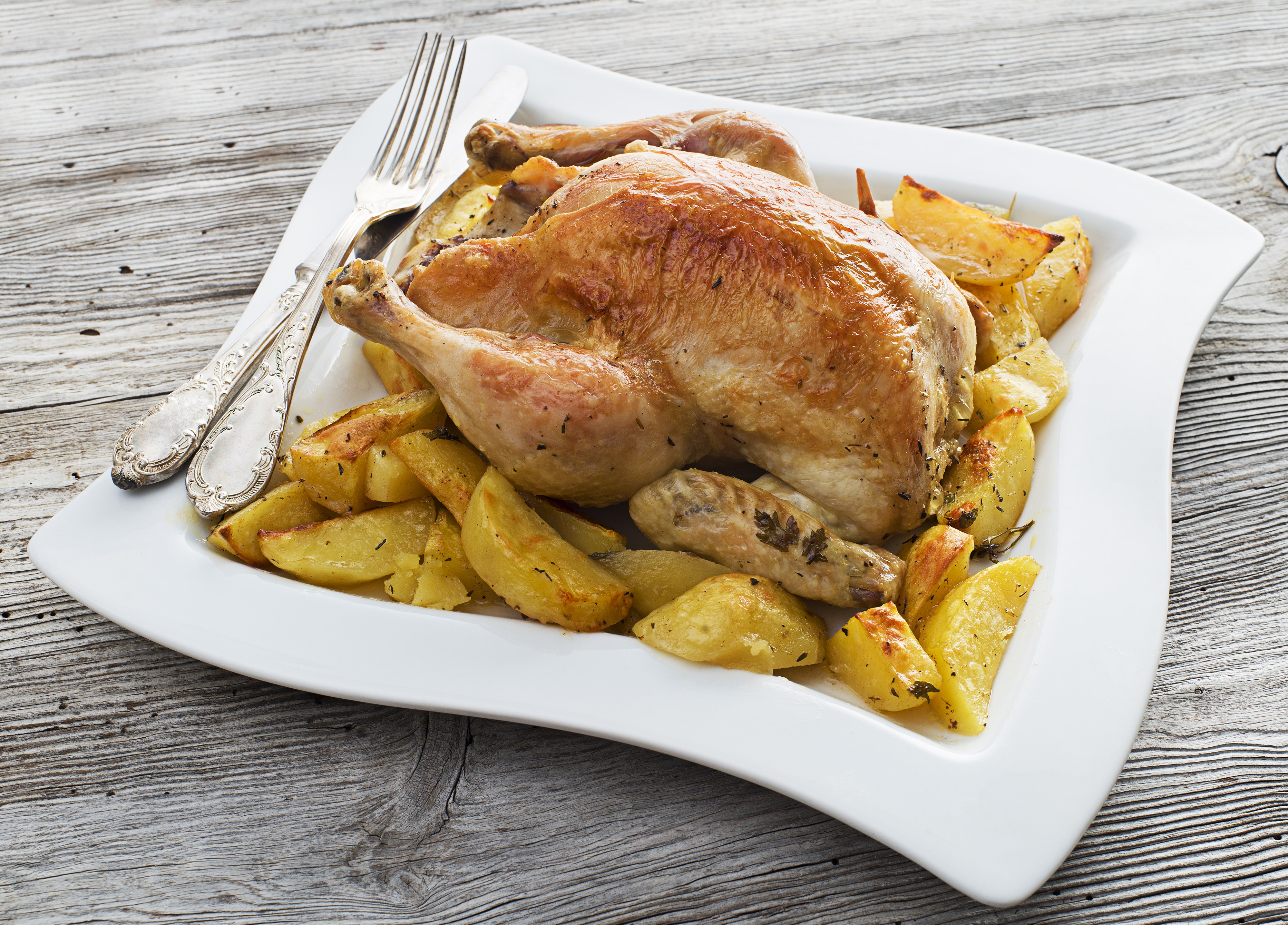 Roast chicken with potatoes on a plate with fork HD Wallpaper